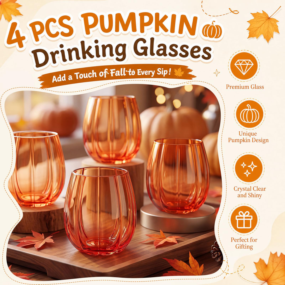 2 Pcs Fall Pumpkin Wine Glasses Stemless Glass Cups