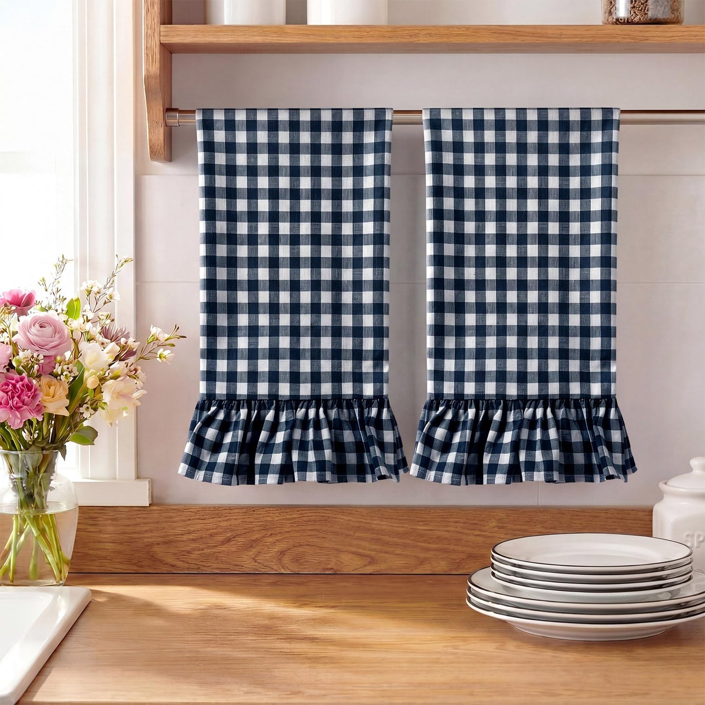 HunnmingRe Taupe Kitchen Towels Set of 2, 100% Cotton Ruffled Gingham Dish Towels 18"x28" Tea Cloths Classic Plaid Pattern for Farmhouse Charm, Drying Dishes, Entertaining Guests