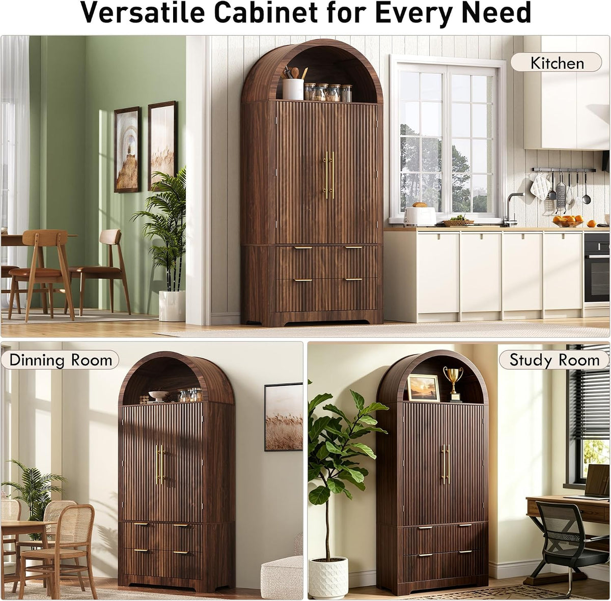 72" Tall Arched Kitchen Pantry Cabinet with 2 Drawers