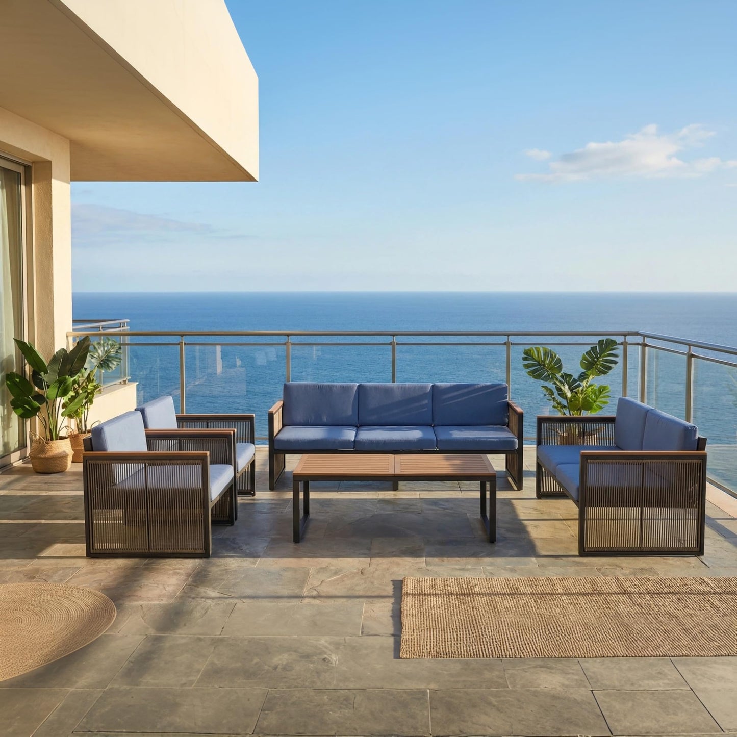 5 Piece Patio Conversation Set for 7, Modular Patio Sofa Couch with Cushions, Rattan Outdoor Patio Furniture Set with Loveseat/Coffee Table, Outdoor Sectional Furniture for Deck/Porch, Beige