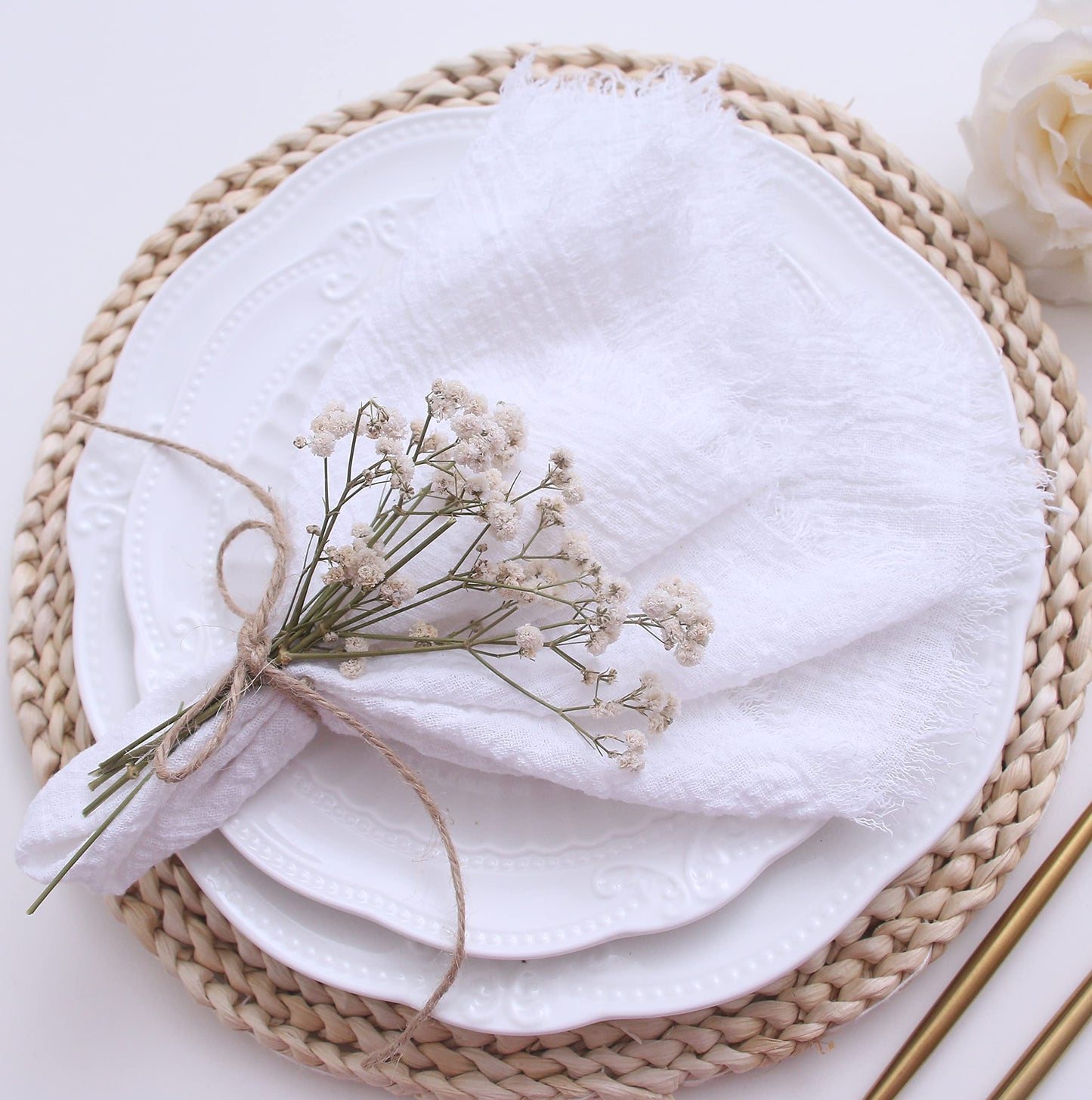 Cloth Napkins with Fringe Set of 12,100% Soft Cotton, Gauze Washable Easter Napkins for Wedding Decorative Dinner Parties, Valentine's Day (16''*16'') Light Blue