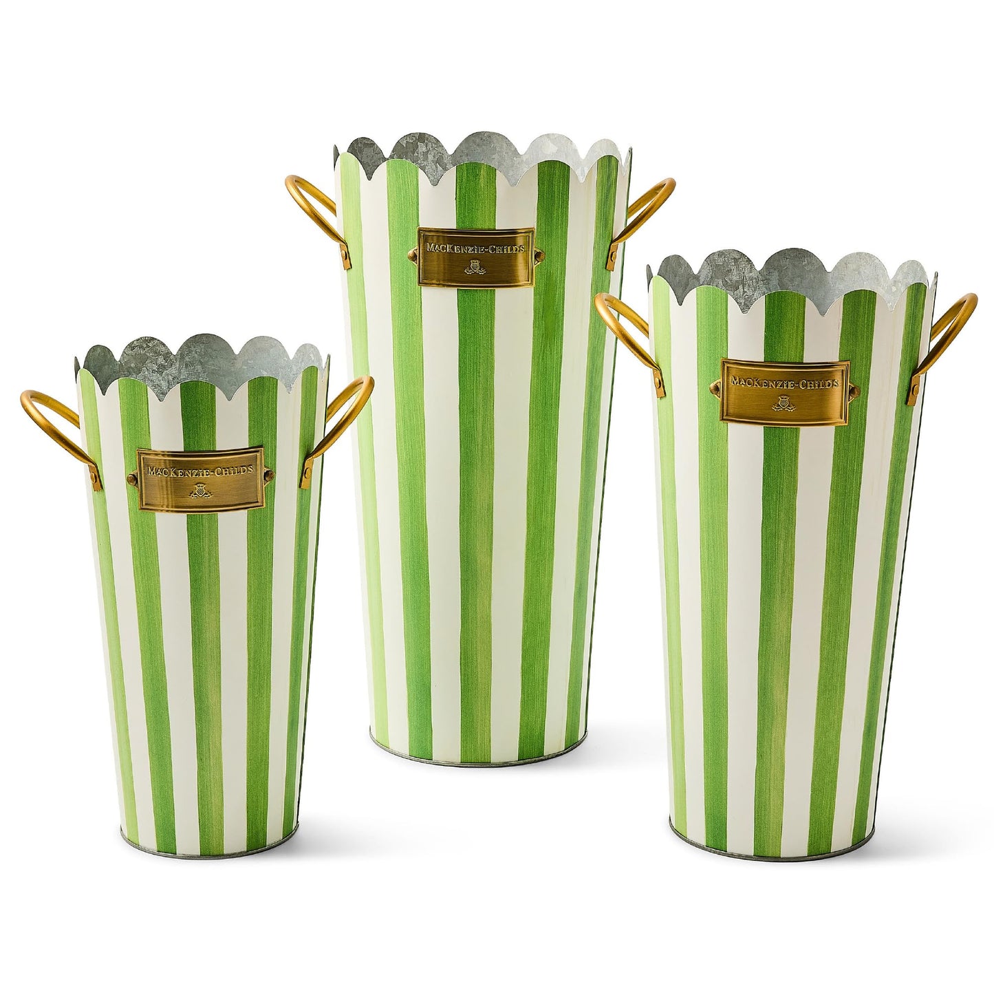MACKENZIE-CHILDS Set of 3 Galvanized Flower Buckets, Decorative Metal Buckets, Black-and-White Courtly Stripe