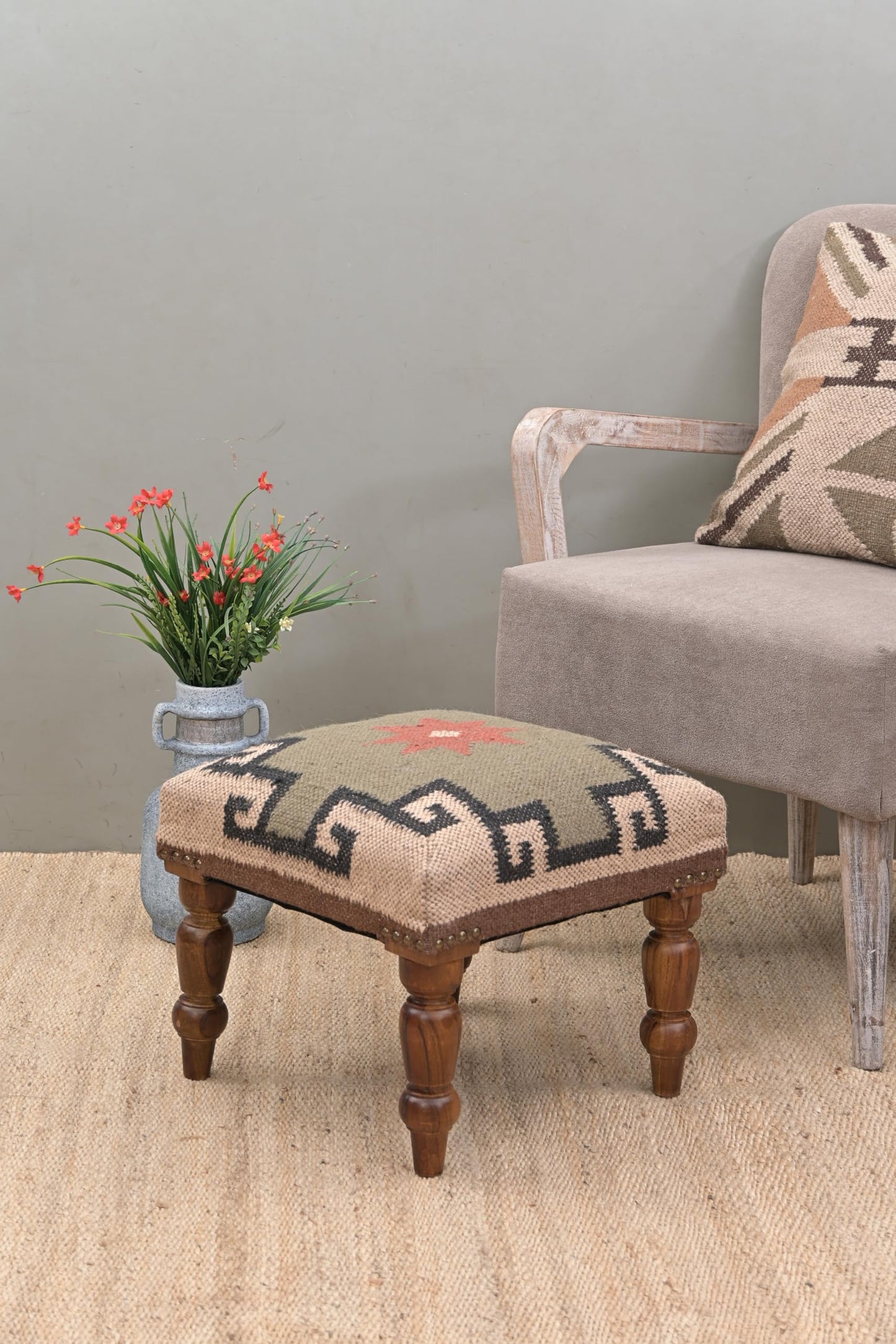 Handmade Jute Ottoman Stool with Wooden Legs