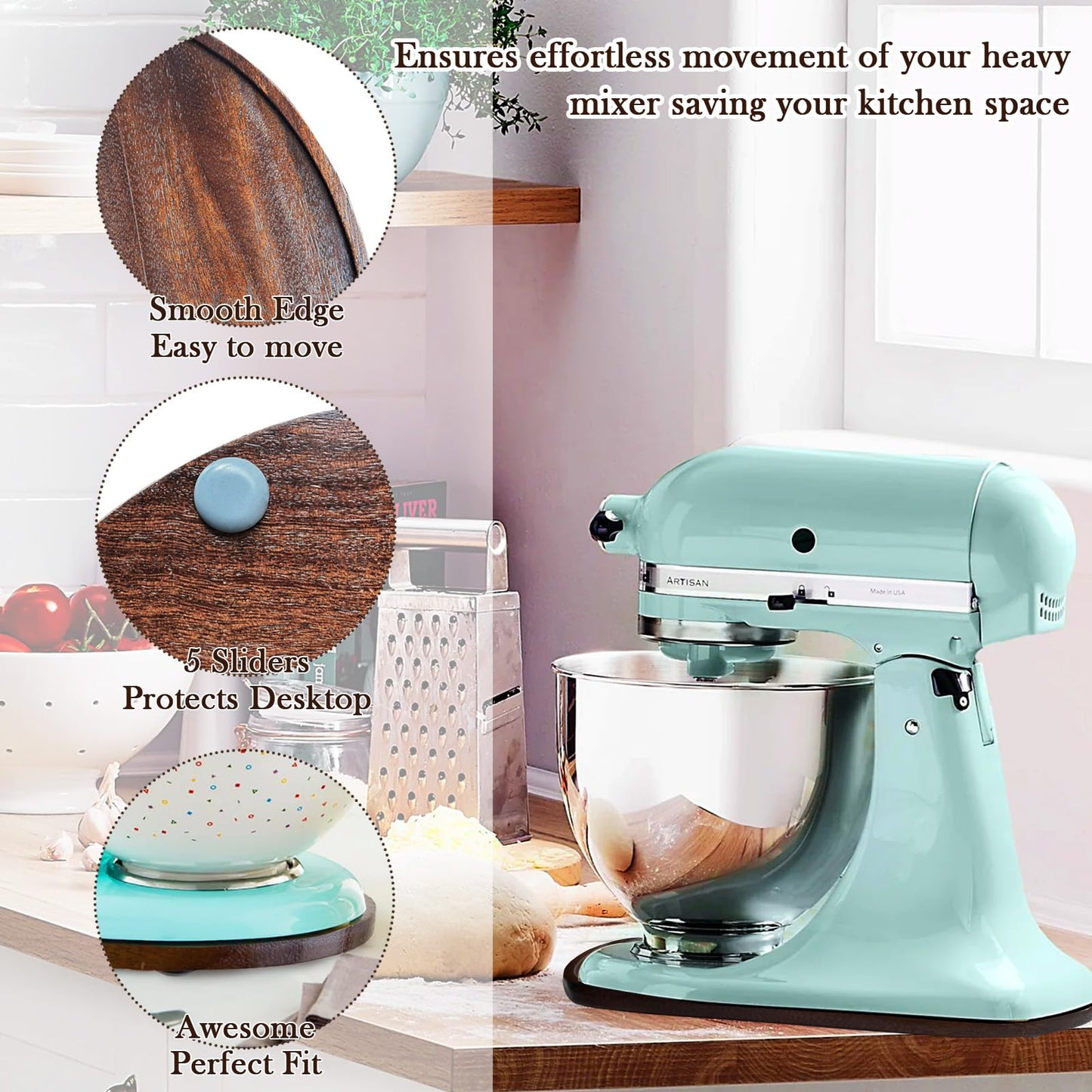 Acacia Wood Mixer Slider Mat for Kitchen Aid 4.5-5 Qt Tilt-Head Stand Mixer Kitchen Appliance Slider Tray Countertop Storage Attachments