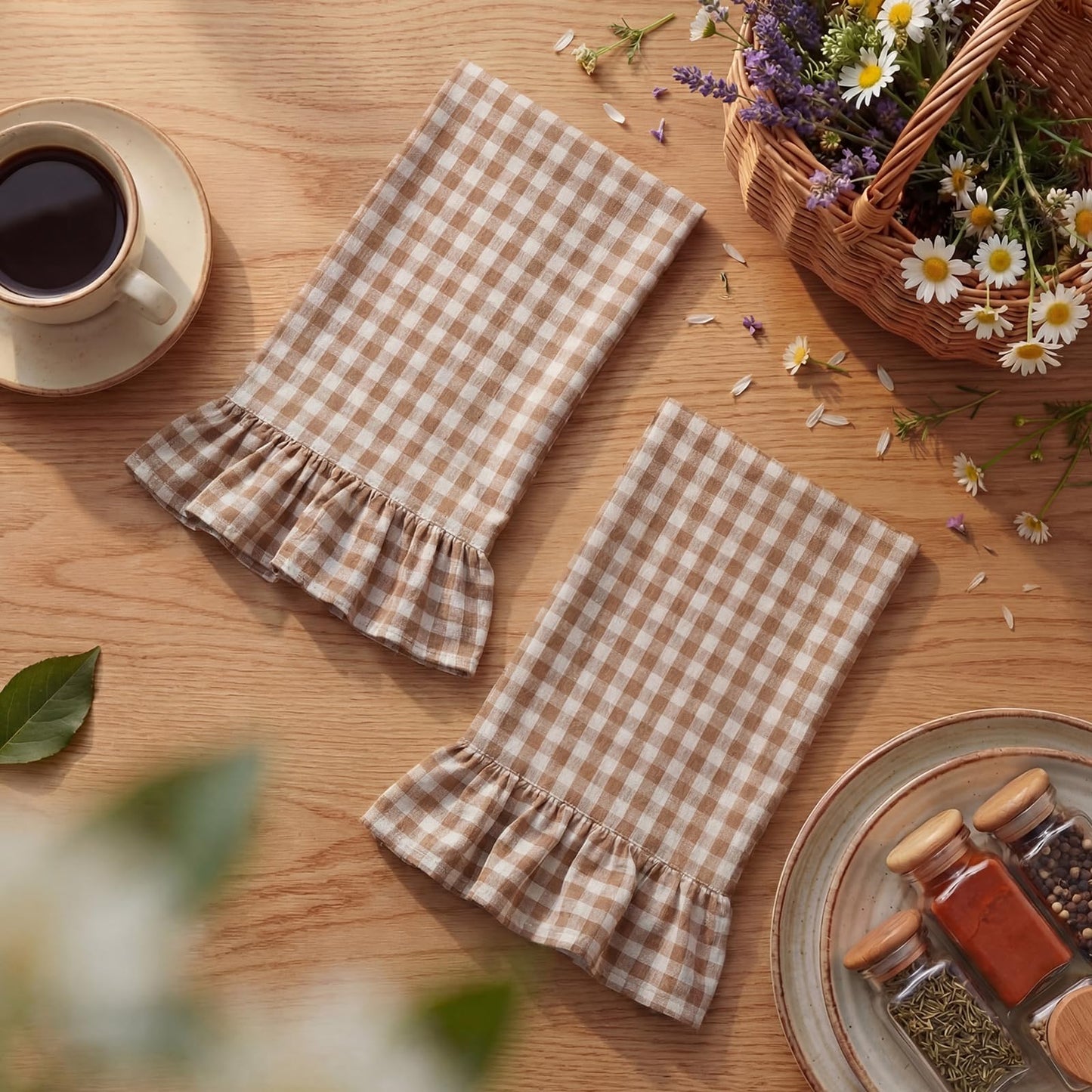 HunnmingRe Taupe Kitchen Towels Set of 2, 100% Cotton Ruffled Gingham Dish Towels 18"x28" Tea Cloths Classic Plaid Pattern for Farmhouse Charm, Drying Dishes, Entertaining Guests