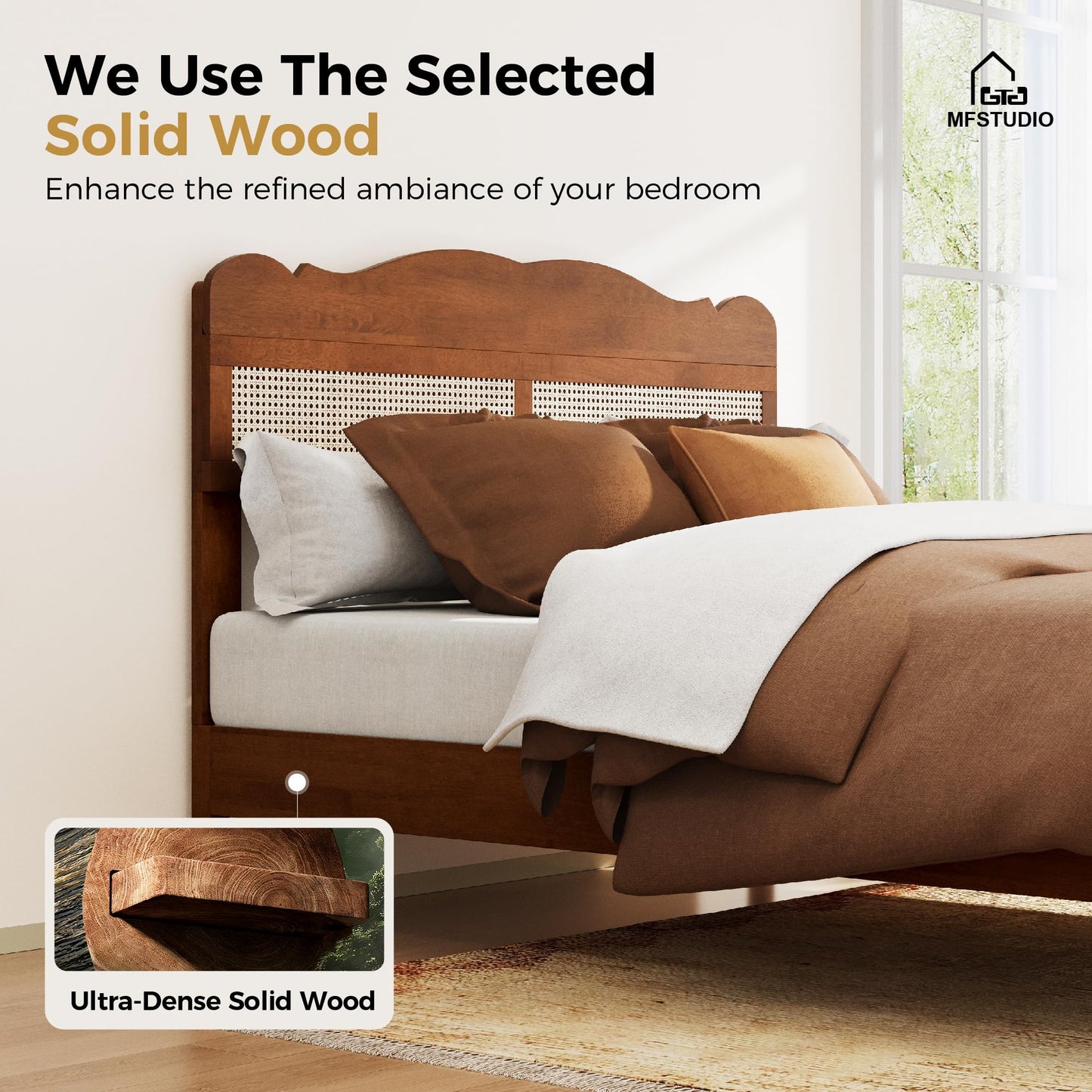 King Wood Bed Frame with Rattan Headboard