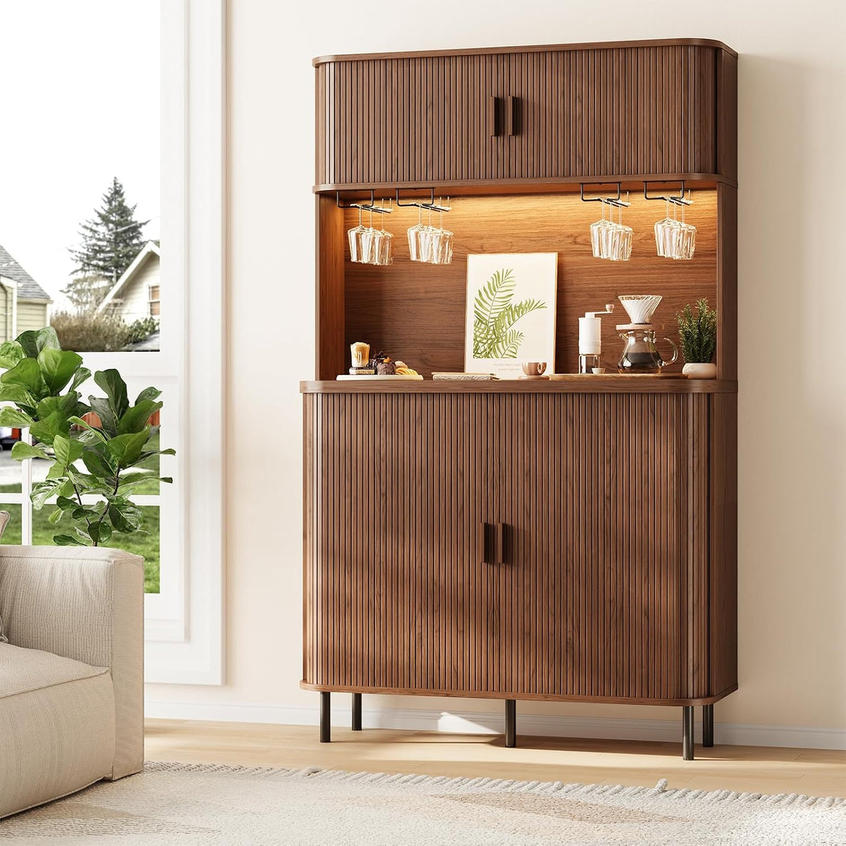 71" Tall Fluted Wine Bar Cabinet with Storage