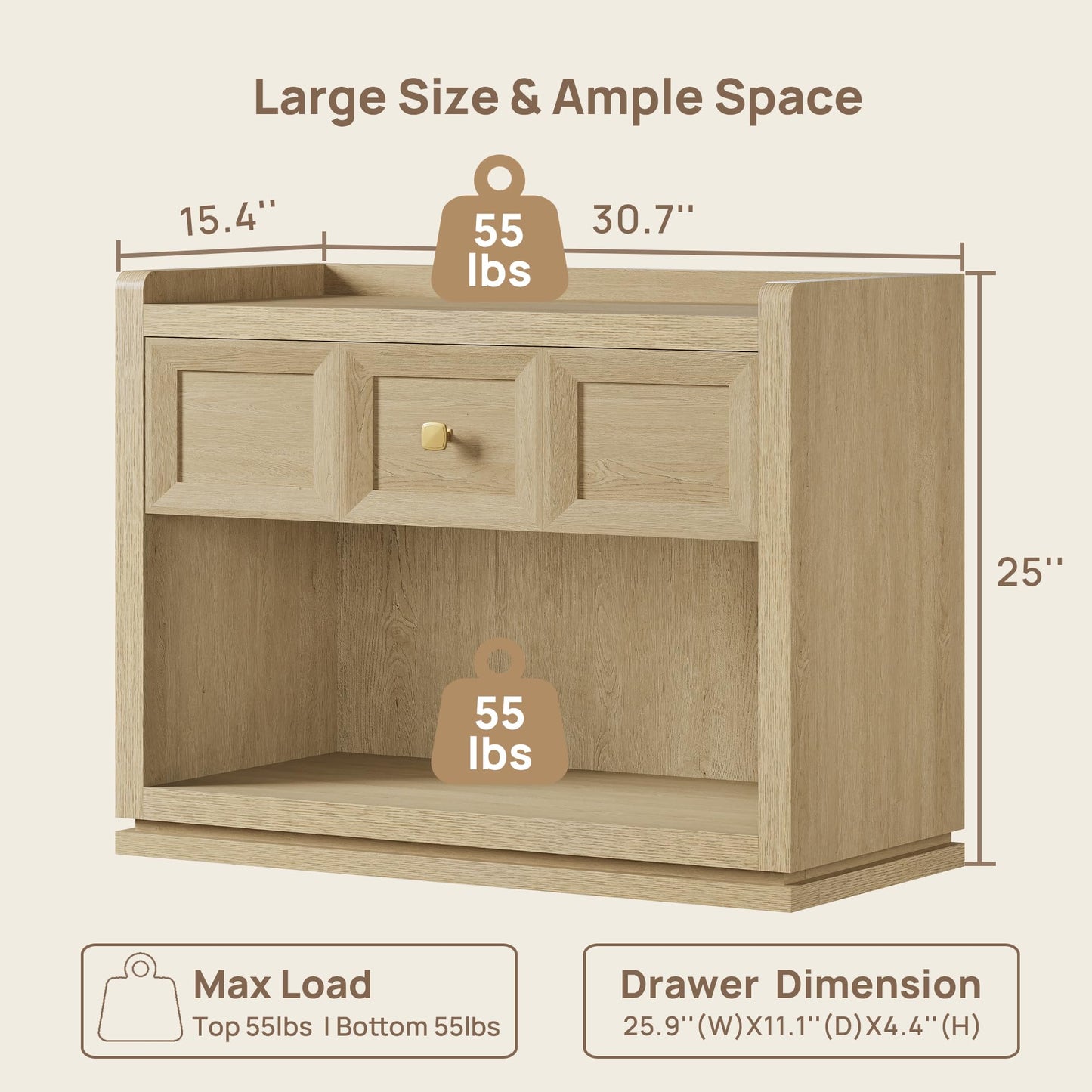 SICOTAS Night Stand Set 2, 26" Wide Nightstands with Drawer, Large Queen Size Nightstands Set of 2, Modern Bedside Table for Bedroom, Side End Table (Brown Oak, 26-Inch)