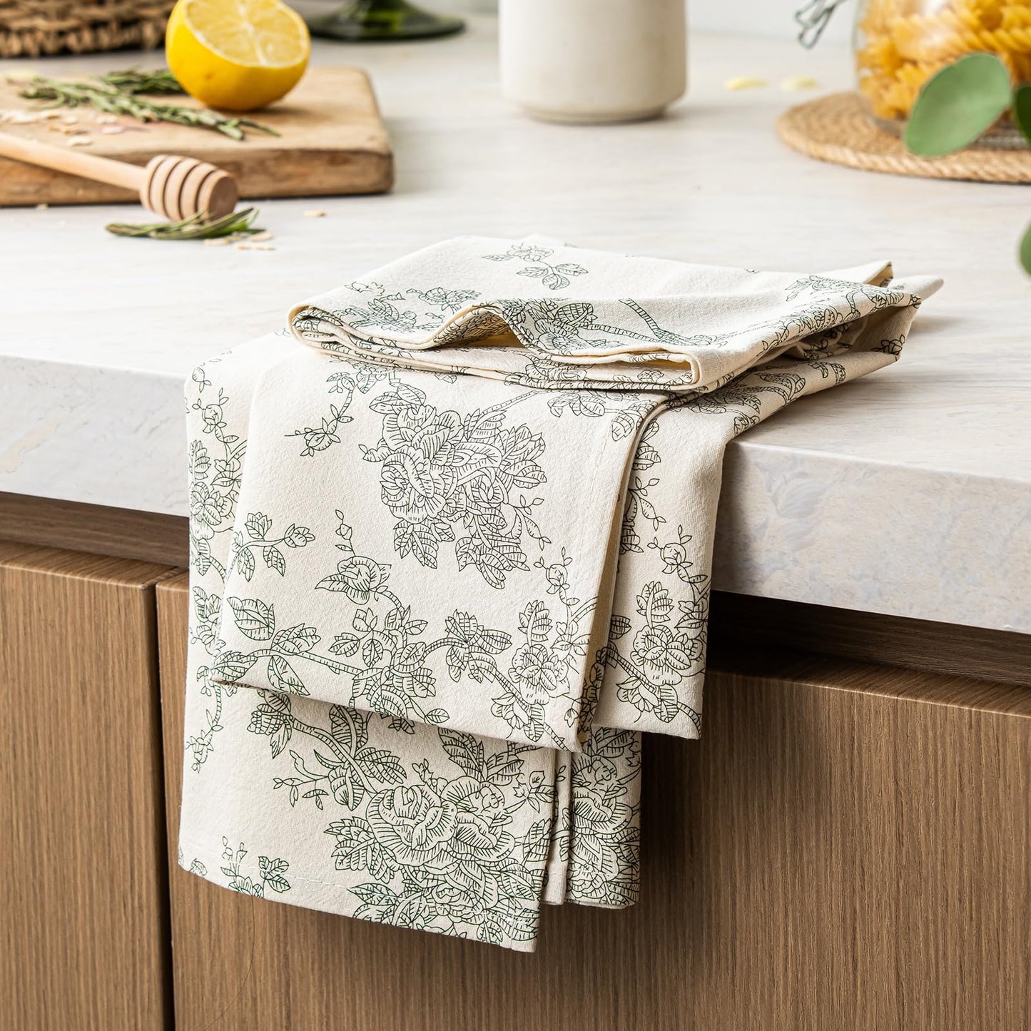 100% Cotton French Pastoral Kitchen Towels Set of 2, Decorative Flour Sack Tea Towels with Hanging Loop 18x25 Inch Absorbent Dish Cloths Farmhouse Home Decor, Brown