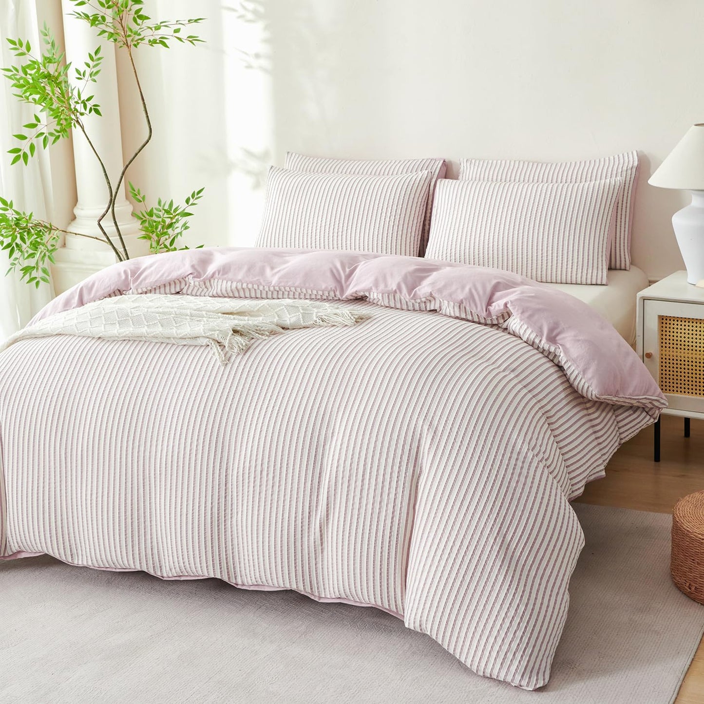 Striped Duvet Cover Queen Beige Washed Microfiber Jacquard 3 Pieces Bedding Set, White Beige Vertical Ticking Stripes Pattern Comforter Cover with Zipper Closure Breathable Durable Soft Comfy
