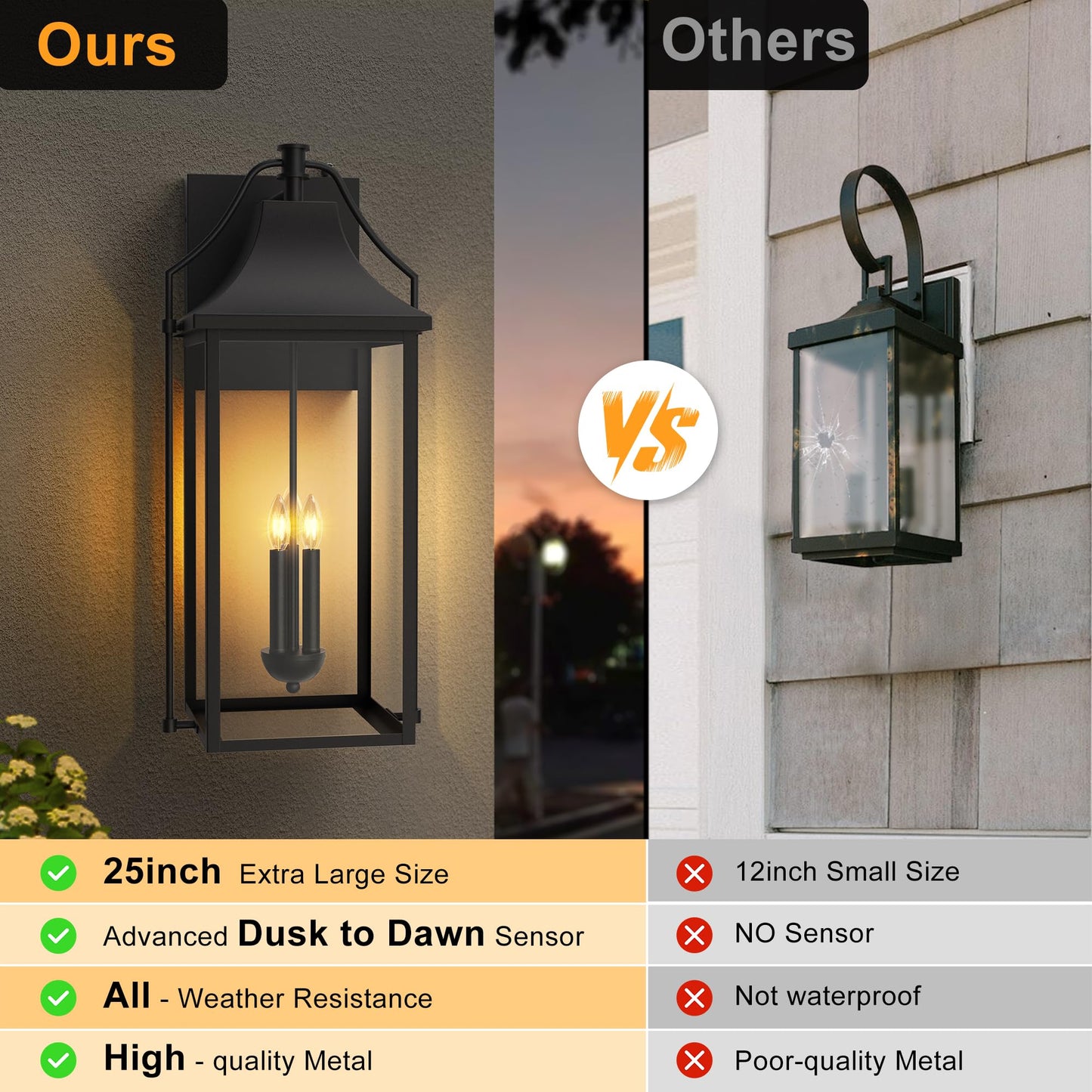 Outdoor Wall Lights Fixtures, Large Size Dusk to Dawn Waterproof Exterior Lanterns, Modern Porch Sconce Wall Mounted with Glass