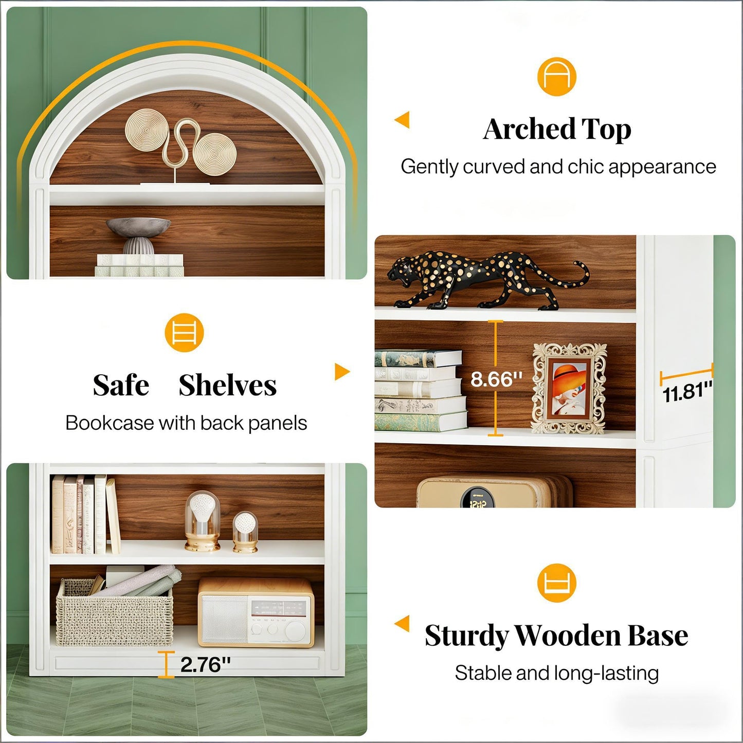 Arched 8 Tier Tall Bookshelf with Wood Back Panel