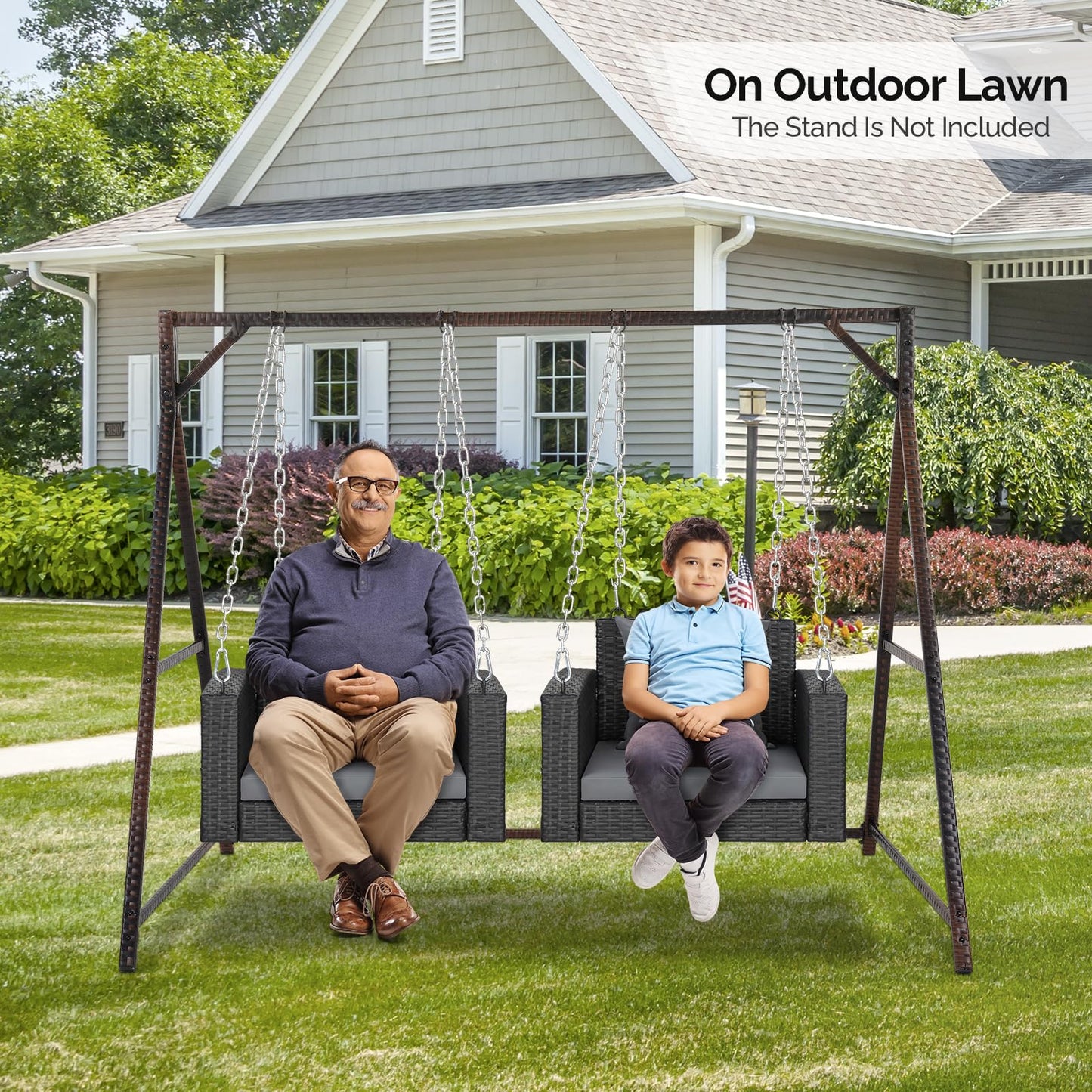 VINGLI 2.4 FT 1-Person Use Round Rattan Porch Swing Outdoor Support 440 LBS with Cushions & Adjustable Chains, Patio Wicker Swing Bench Chair for Garden, Yard, Lawn, Tree, Brown