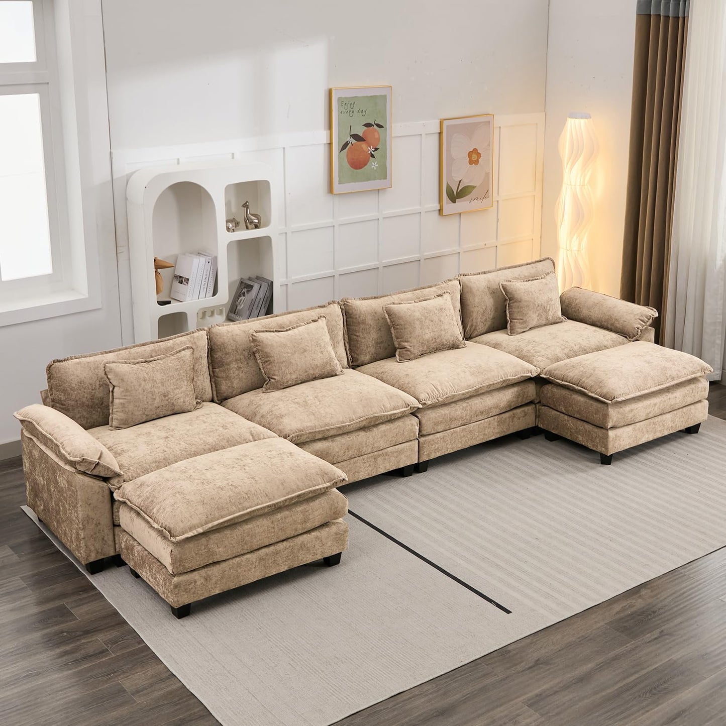 120" Modular Sectional Sofa, Comfy Cloud Couch Sectional Sofa with Ottoman, Chenille Sofa Sleeper Deep Seat Sofa with Throw Pillows for Living Room (Beige White, 120"- U Shape)