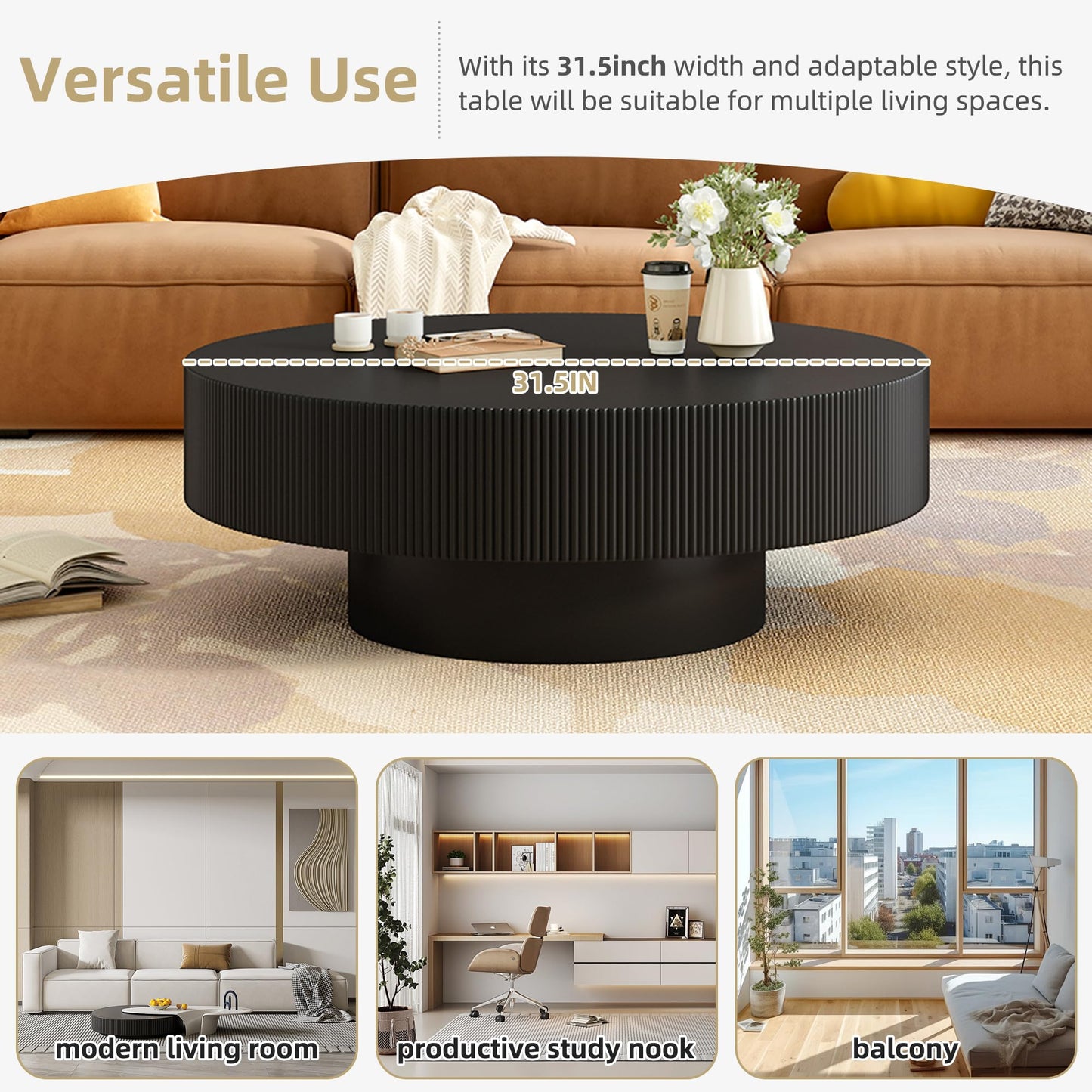 WILLIAMSPACE 43.31" Rectangle Coffee Table with Burl Wood Veneer & Sturdy Base, Modern Luxury Wood Drum Center Table End Table Accent Side Table for Living Room, Minimalist Fluted Design, Oak