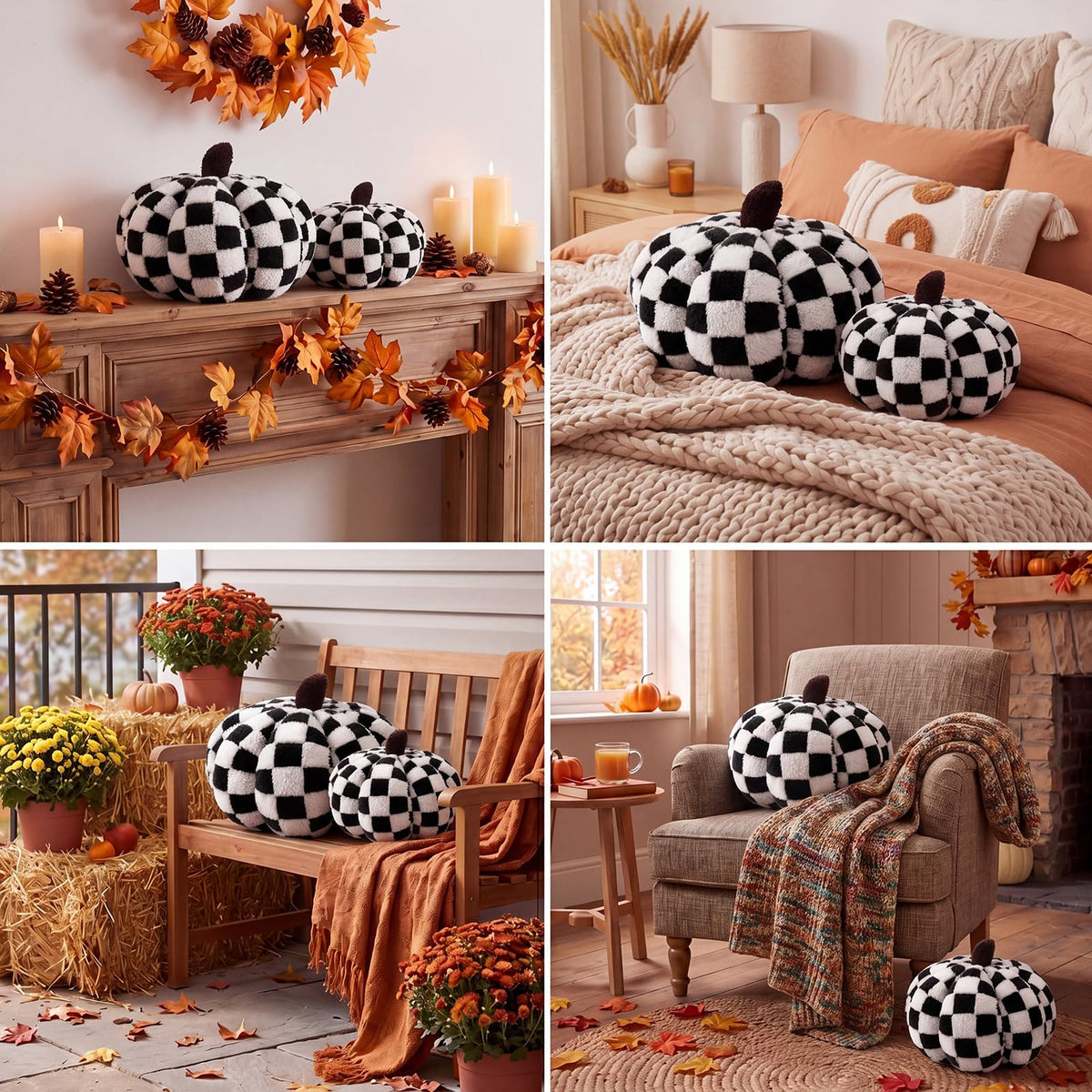 2 Pcs Pumpkin Pillows Brown White Checkerboard