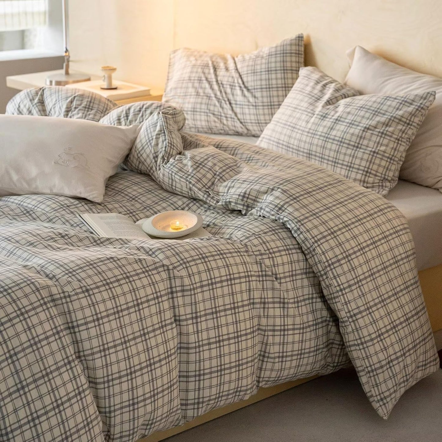 Duvet Cover Set - Brown Plaid Gingham Comforter Cover with Zipper Closure