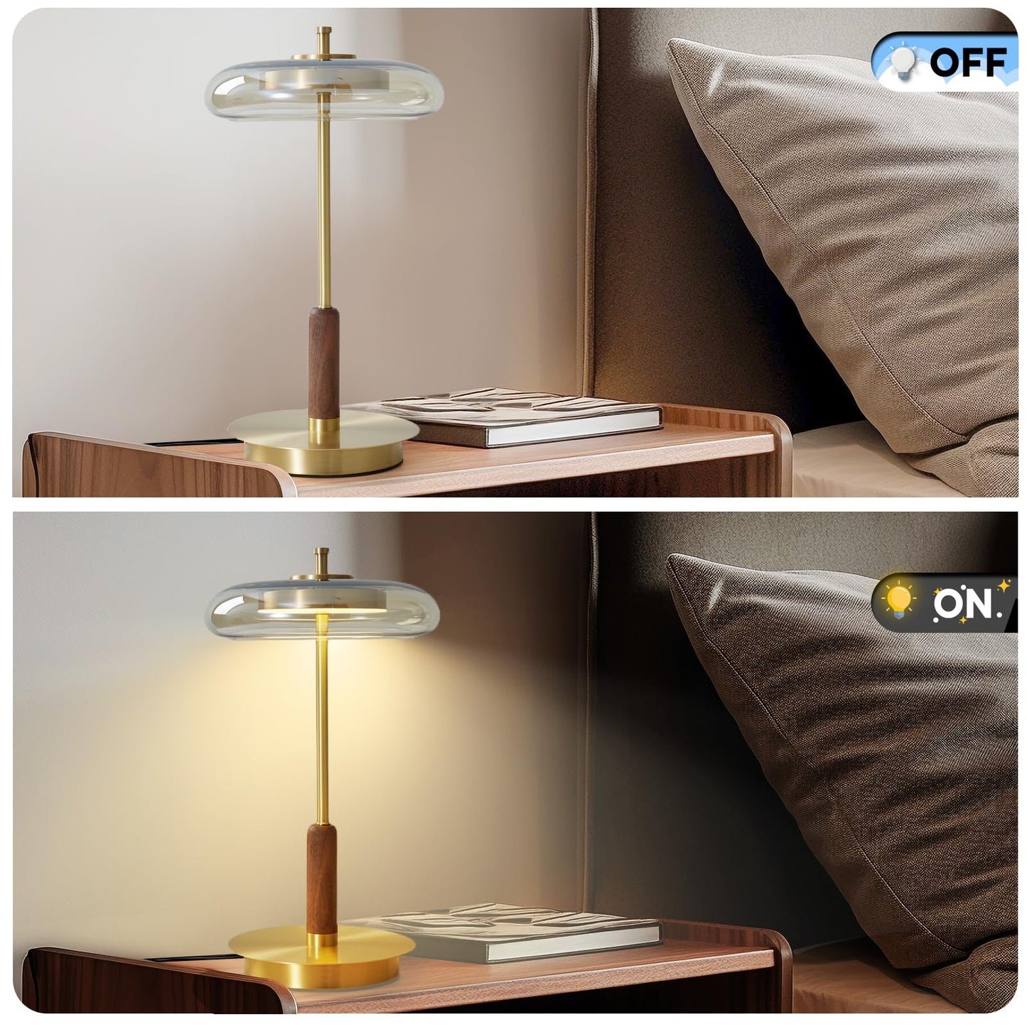 Brass Base Mushroom Table Lamp for Bedroom, Small Desk Lamp with Amber Glass Shade, LED Three Color Temperature Adjustable Brightness Modern Side Table Lighting (H 15.4 in)