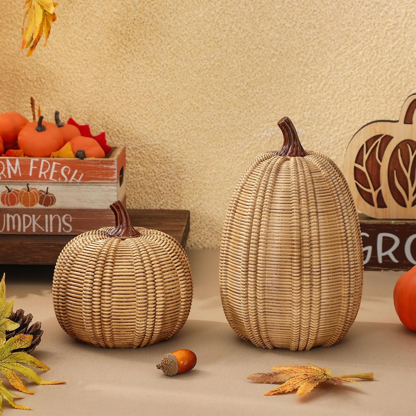 Rattan 2Pcs Pumpkin Decoration