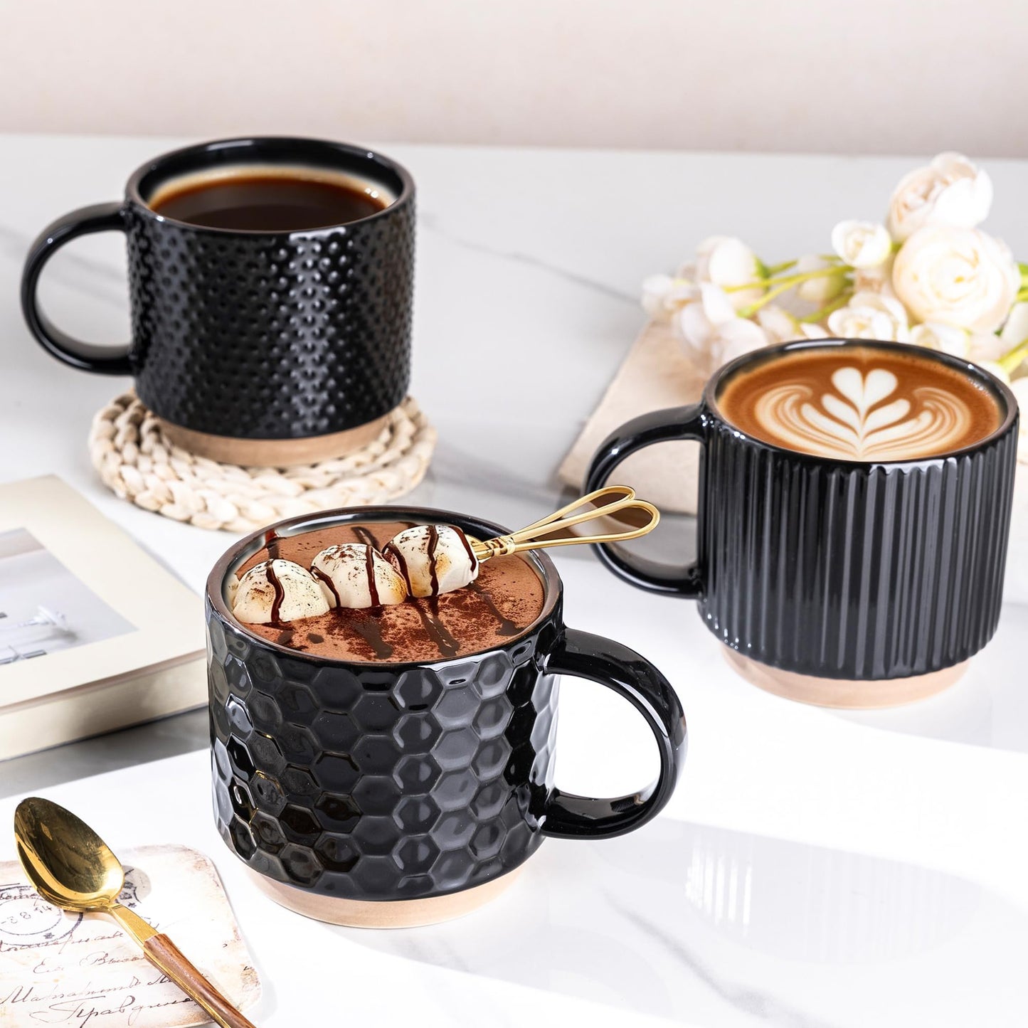GBhome 12OZ Stackable Coffee Mugs, Ceramic Coffee Mugs with Texture Patterns for Man,Woman,Dad,Mom, Modern Coffee Mugs Set of 4 for Latte/Cappuccino/Cocoa. Dishwasher&Microwave Safe, Pale Khaki