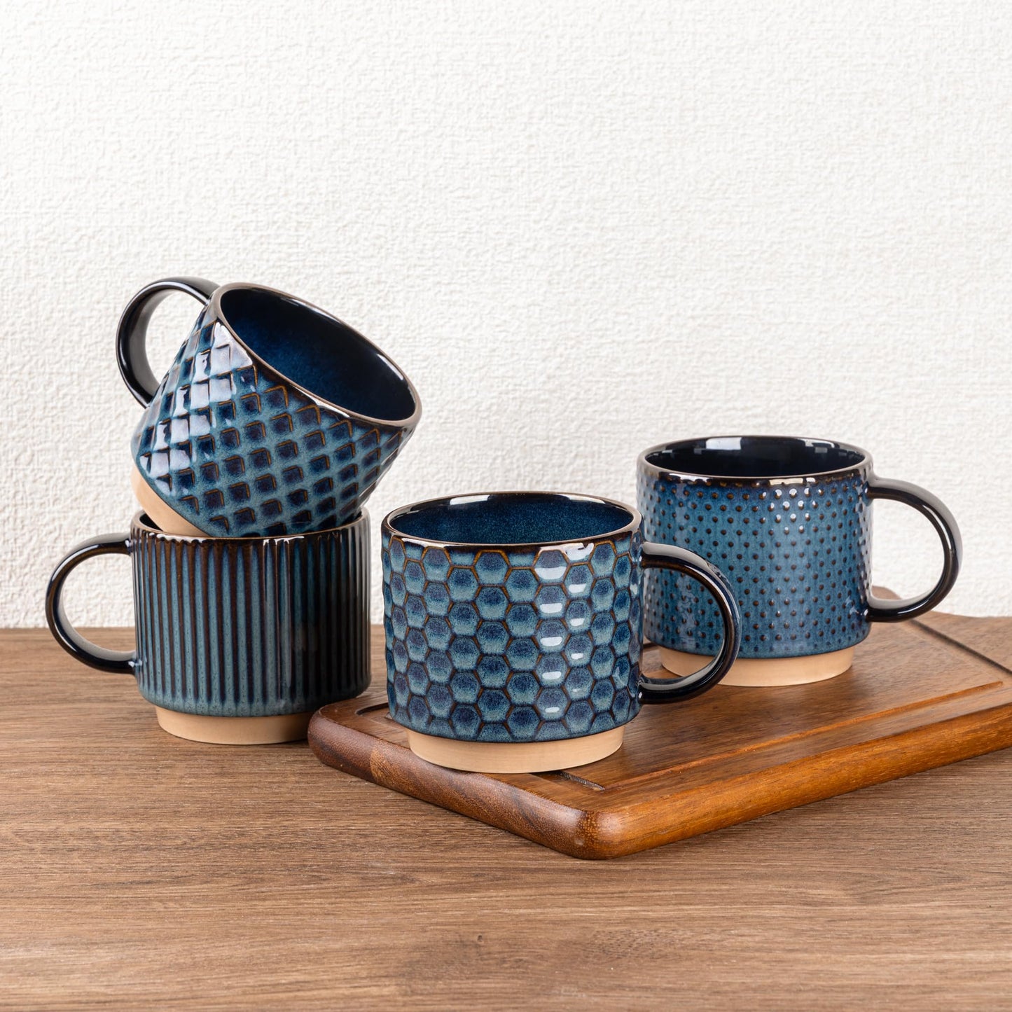 GBhome 12OZ Stackable Coffee Mugs, Ceramic Coffee Mugs with Texture Patterns for Man,Woman,Dad,Mom, Modern Coffee Mugs Set of 4 for Latte/Cappuccino/Cocoa. Dishwasher&Microwave Safe, Pale Khaki