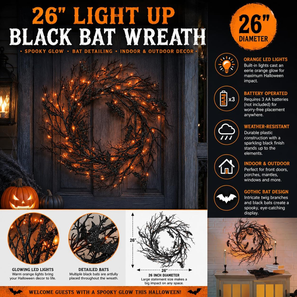 26" Light Up Black Bat Wreath