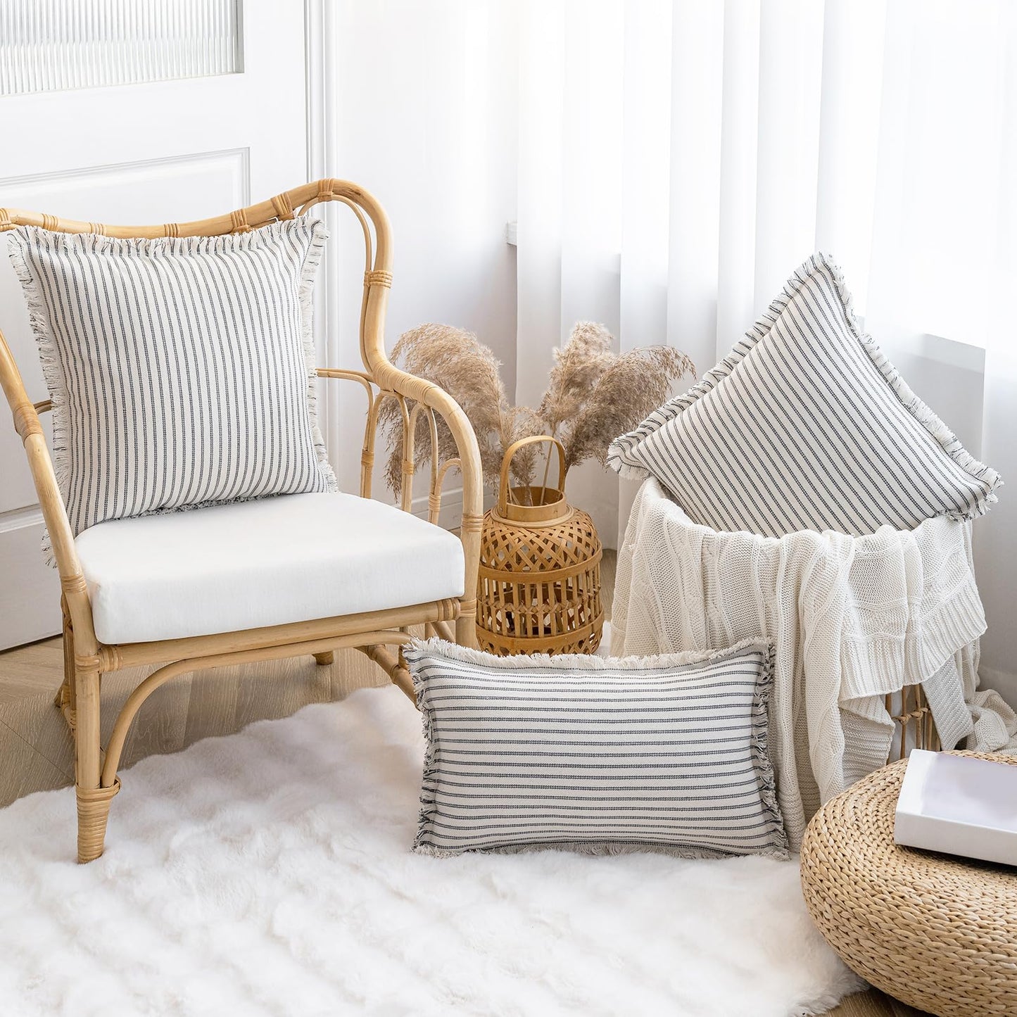 Throw Pillow Covers 18x18 Set of 2 Striped Fringe