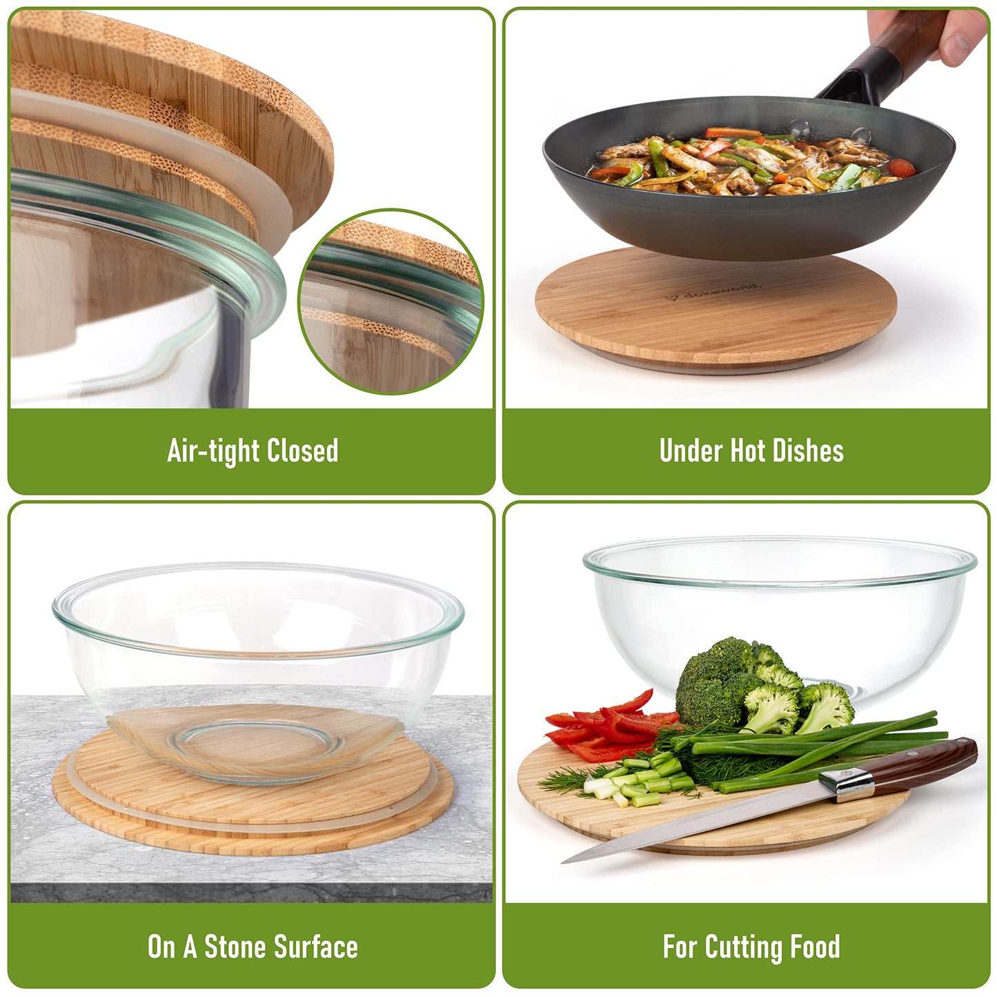 Glass Container Set with Acacia Lids - 4 Stackable Meal Prep Containers. Durable heat resistant Inert Borosilicate Glass