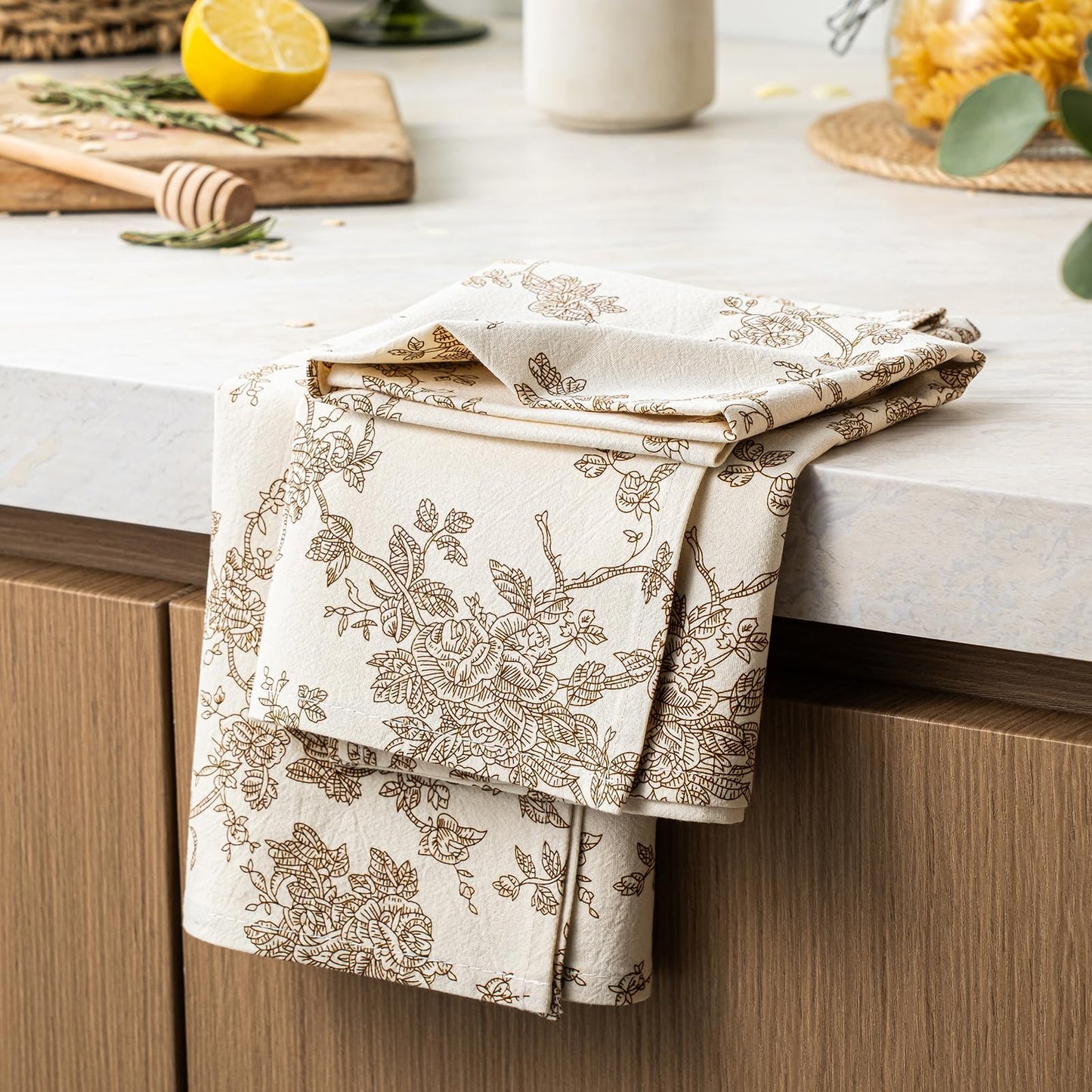 100% Cotton French Pastoral Kitchen Towels Set of 2, Decorative Flour Sack Tea Towels with Hanging Loop 18x25 Inch Absorbent Dish Cloths Farmhouse Home Decor, Brown