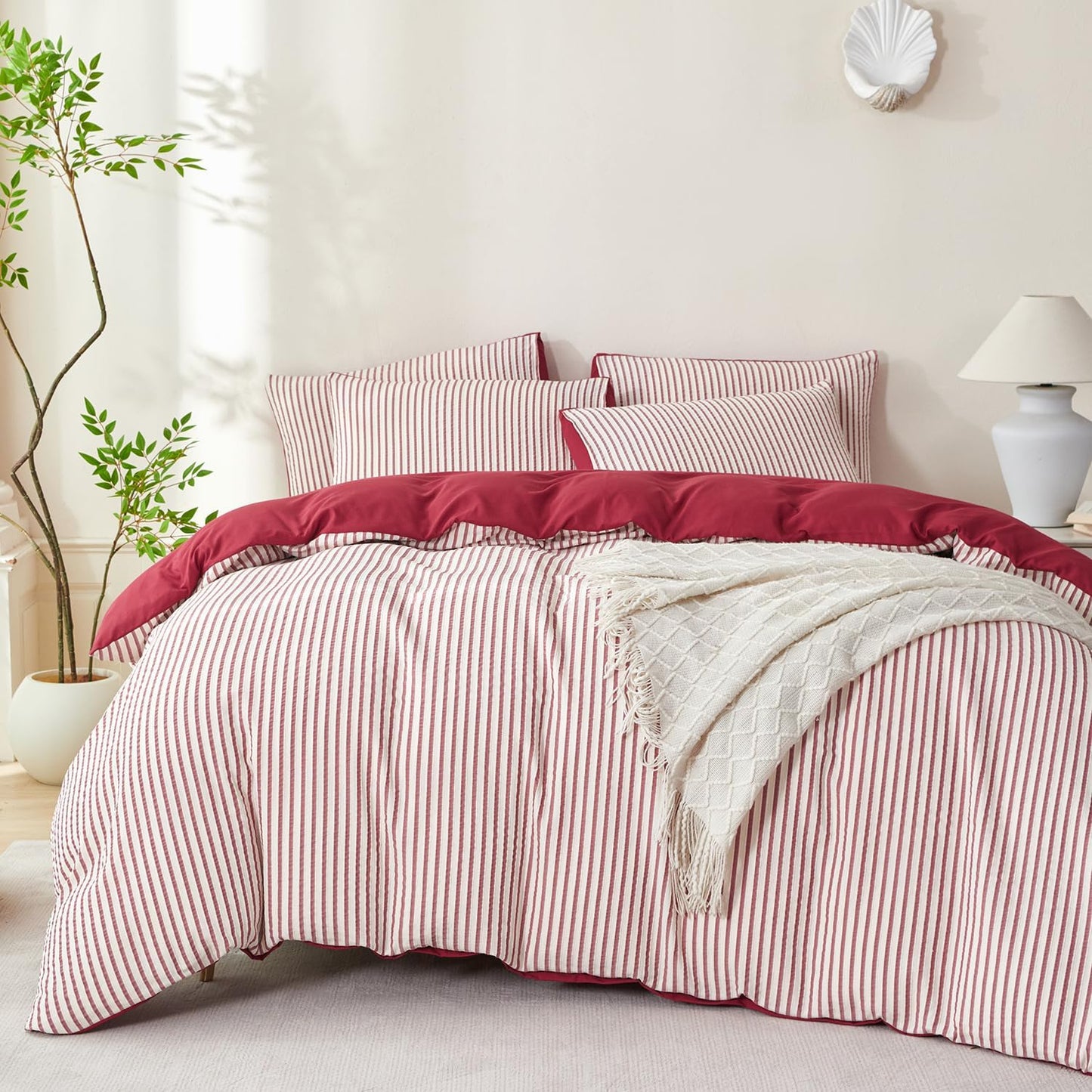 Striped Duvet Cover Queen Beige Washed Microfiber Jacquard 3 Pieces Bedding Set, White Beige Vertical Ticking Stripes Pattern Comforter Cover with Zipper Closure Breathable Durable Soft Comfy