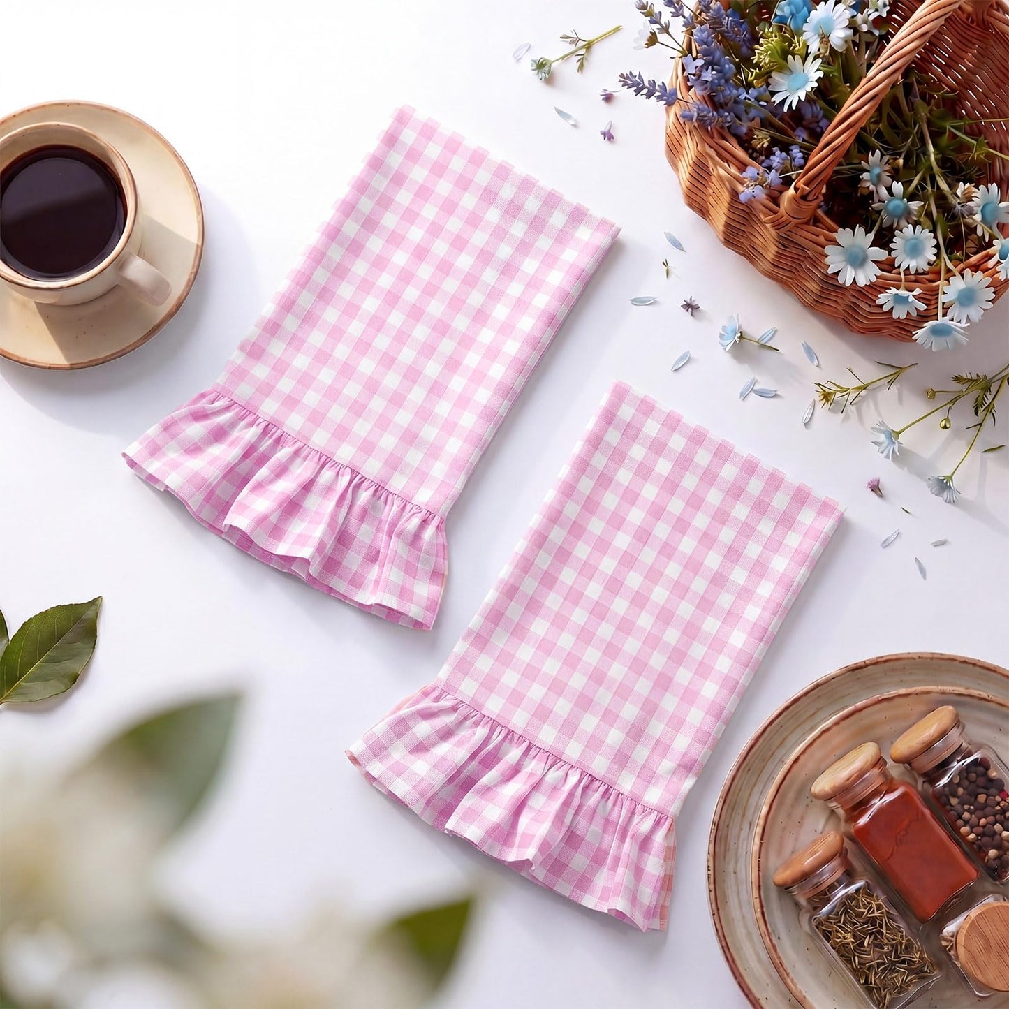 HunnmingRe Taupe Kitchen Towels Set of 2, 100% Cotton Ruffled Gingham Dish Towels 18"x28" Tea Cloths Classic Plaid Pattern for Farmhouse Charm, Drying Dishes, Entertaining Guests
