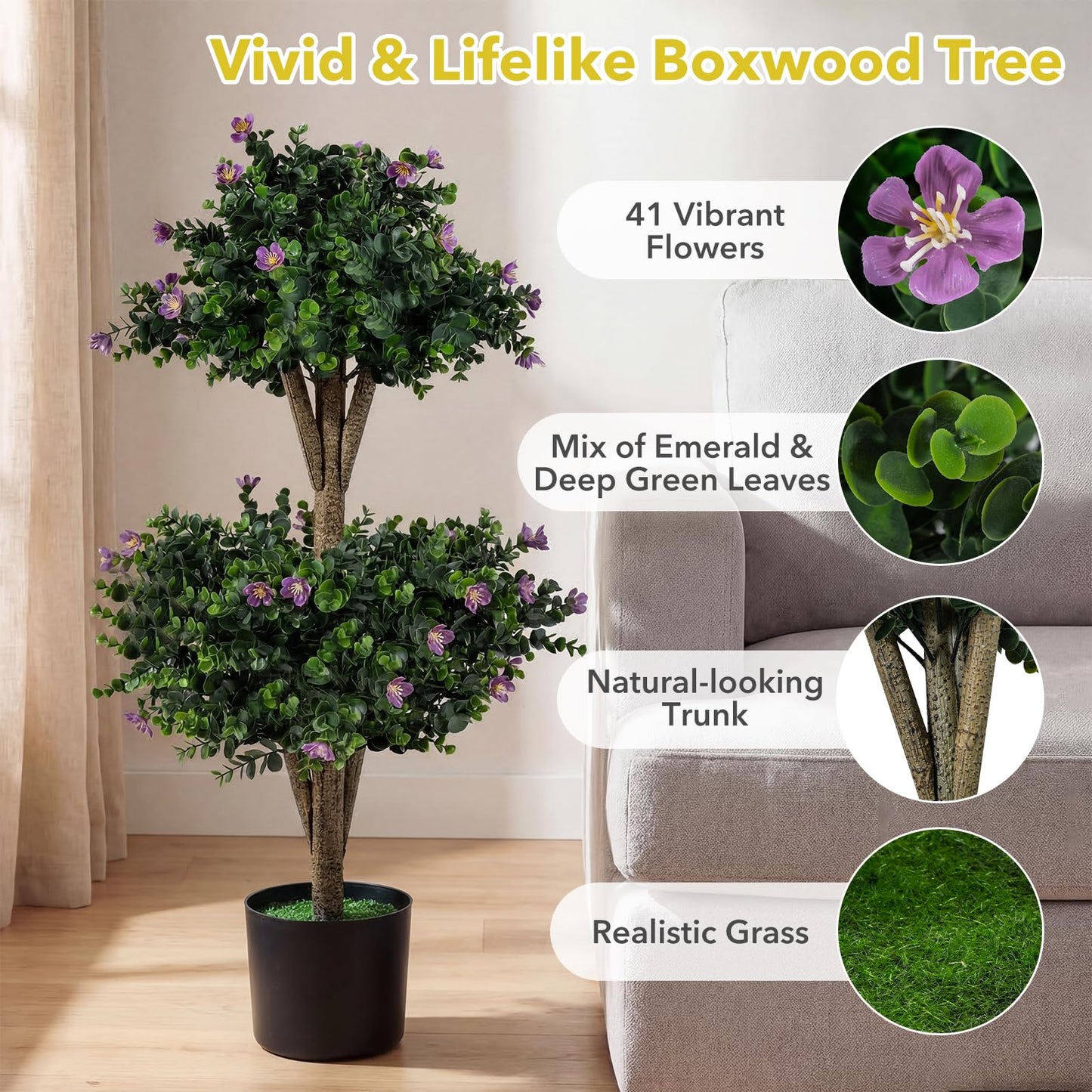 Set of 2 Faux Bush Plant w/41 Blossoms, Cement-Filled Plastic Pot