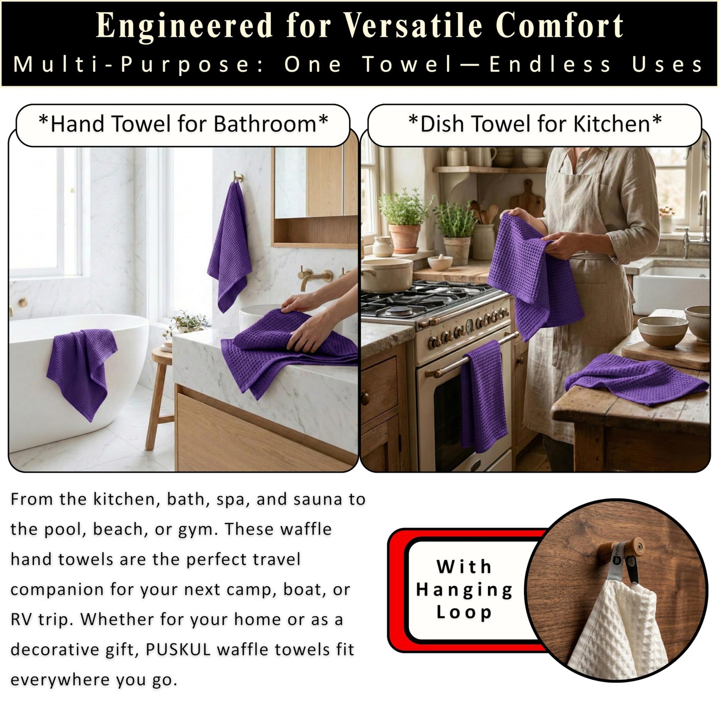 PÜSKÜL Organic Waffle Kitchen Towel Pure 100% Turkish Cotton Set of 3 Natural Raw-Undyed Towel - Premium Quality Soft Quick-Dry Absorbent Lint-Free Hand & Dish Towels Large 32X16 (3, Natural Beige)
