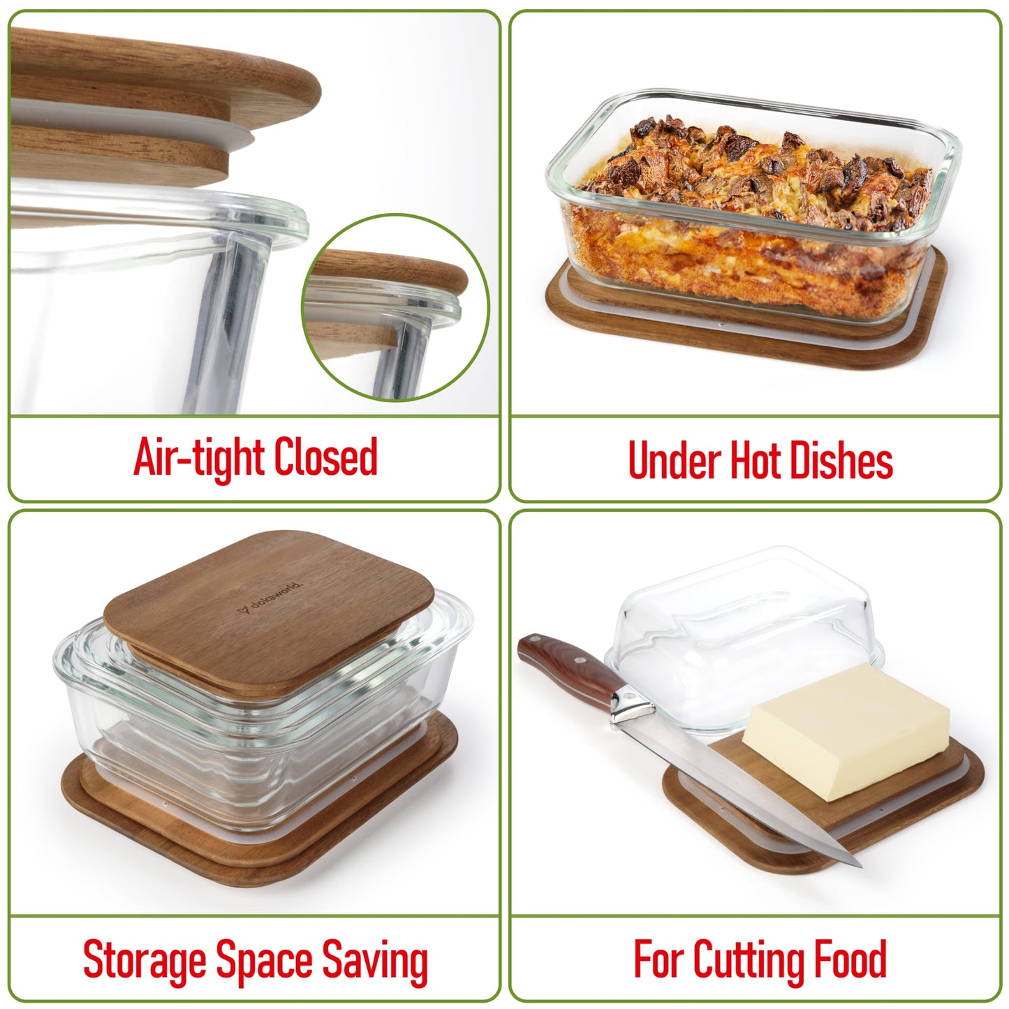 Glass Container Set with Acacia Lids - 4 Stackable Meal Prep Containers. Durable heat resistant Inert Borosilicate Glass