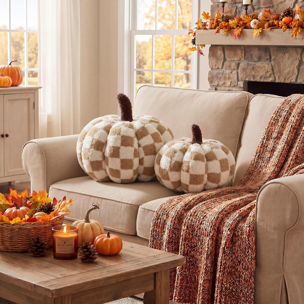 2 Pcs Pumpkin Pillows Brown White Checkerboard
