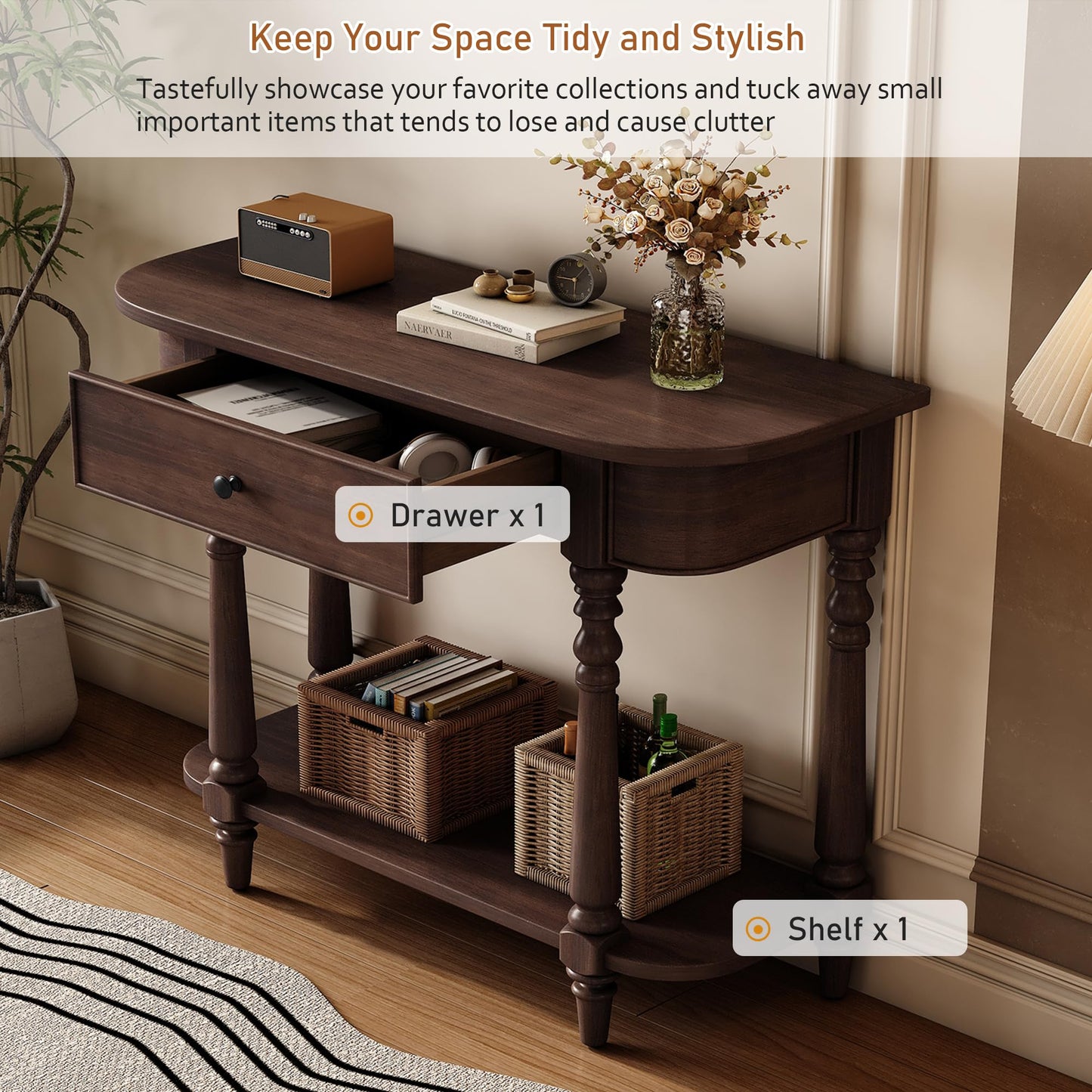 36-Inch Retro Console Sofa Table with Drawer & Storage Shelf