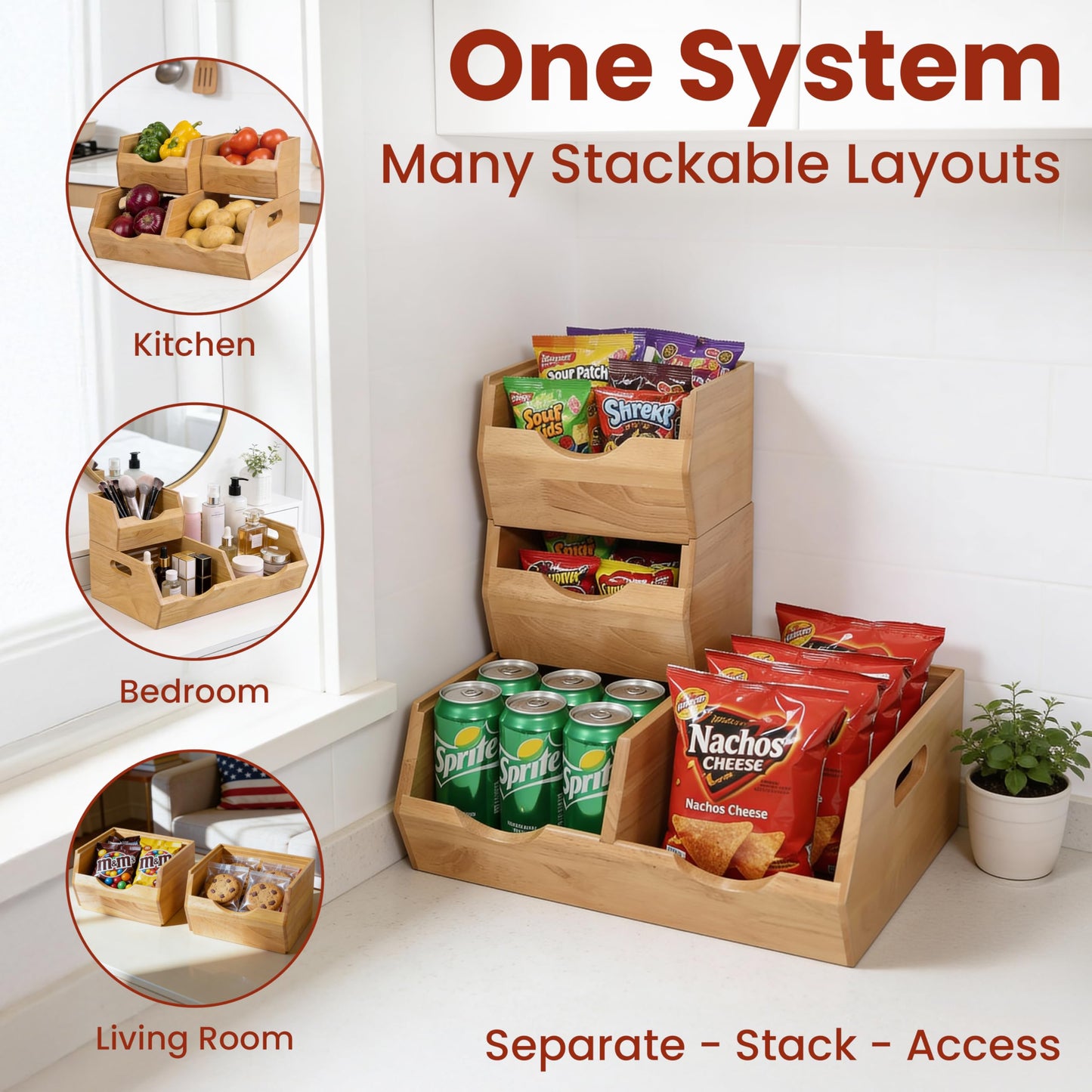 HOMESTEAD Stackable Solid Wood Storage Bins for Kitchen Pantry & Countertop, Ventilated Potato and Onion Basket Organizer with Handles, Wooden Produce Storage Containers, 3-Pack, Chestnut Finish