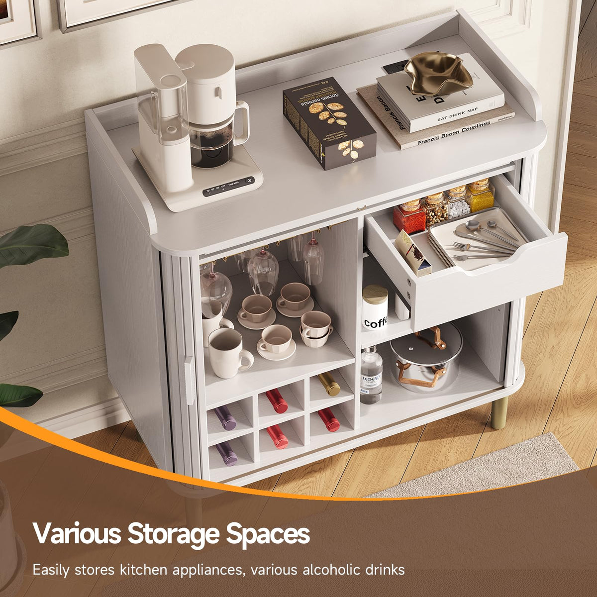 33" H Fluted Bar Cabinet with Storage, Wine Cabinet