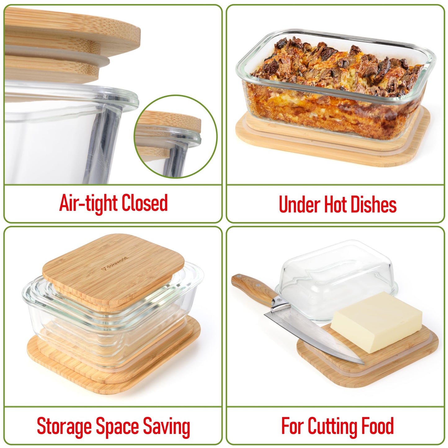 Glass Container Set with Acacia Lids - 4 Stackable Meal Prep Containers. Durable heat resistant Inert Borosilicate Glass