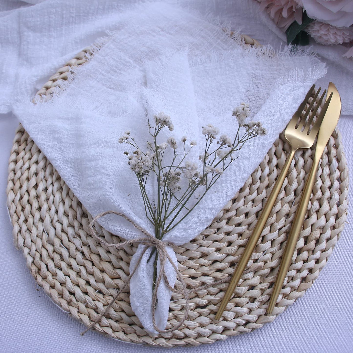 Cloth Napkins with Fringe Set of 12,100% Soft Cotton, Gauze Washable Easter Napkins for Wedding Decorative Dinner Parties, Valentine's Day (16''*16'') Light Blue