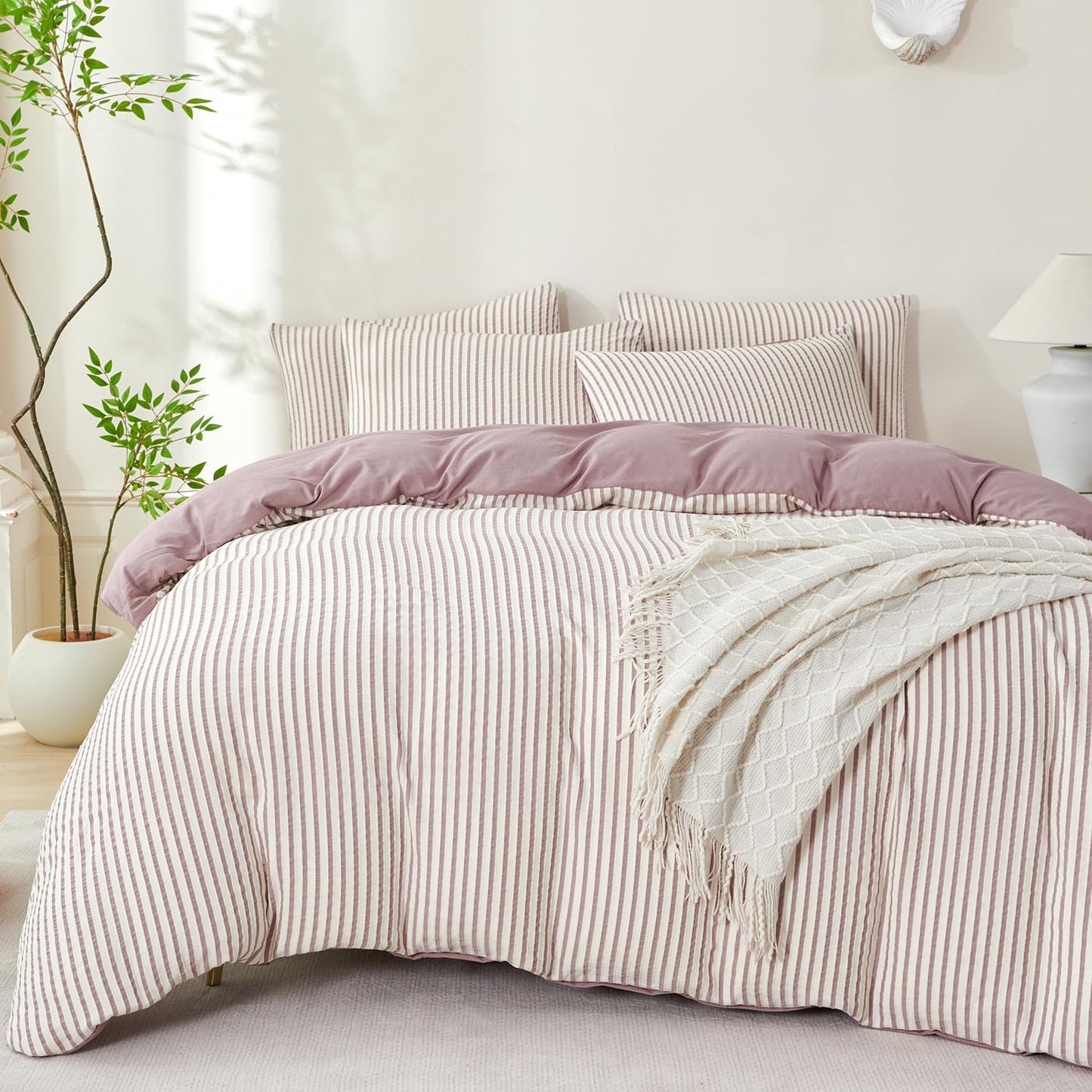 Striped Duvet Cover Queen Beige Washed Microfiber Jacquard 3 Pieces Bedding Set, White Beige Vertical Ticking Stripes Pattern Comforter Cover with Zipper Closure Breathable Durable Soft Comfy