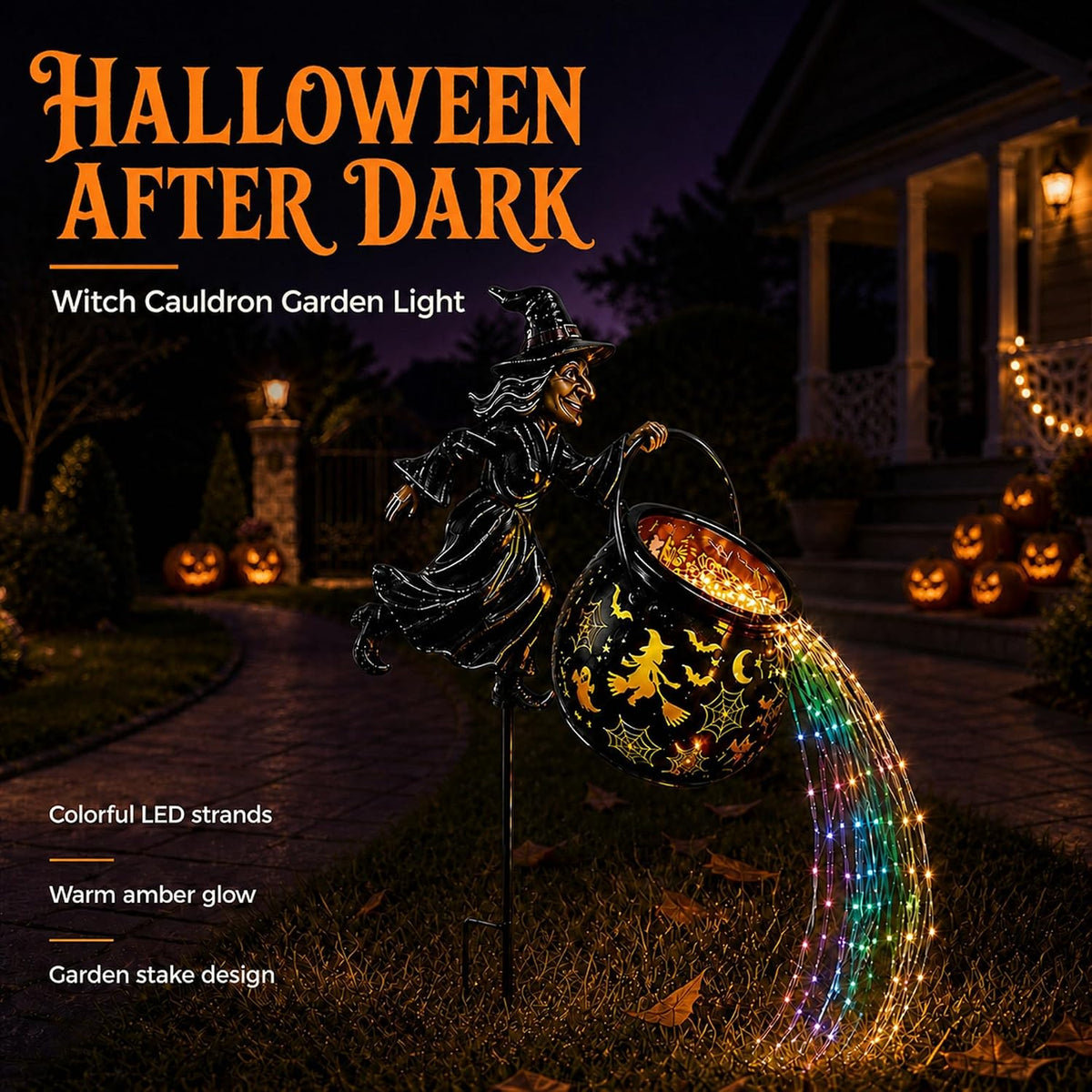 Colorful Waterfall-Style Halloween Witch Glowing Cauldron Light
