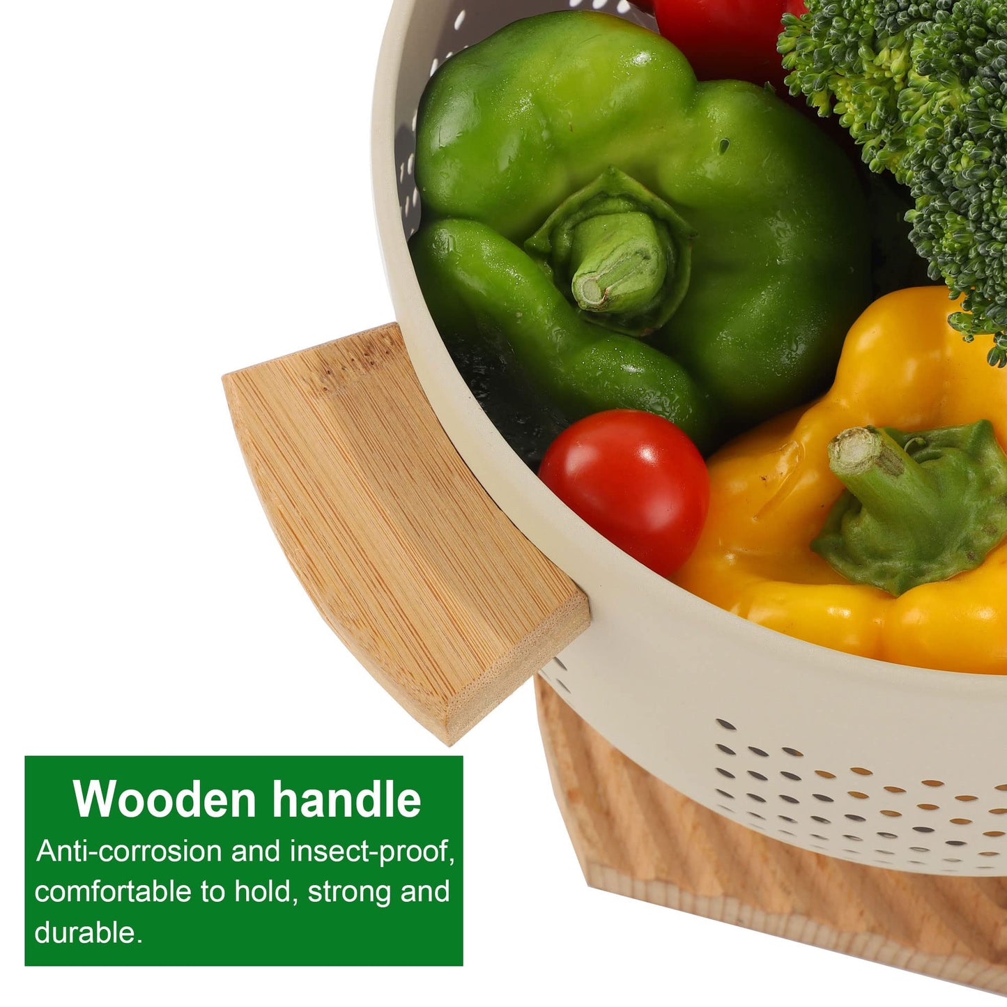 Metal Colander with Wood Handle and Stable Base, Powder Coated Steel Kitchen Strainer Basket for Draining Pasta, Vegetable and fruit(7quart,Sandyellow)