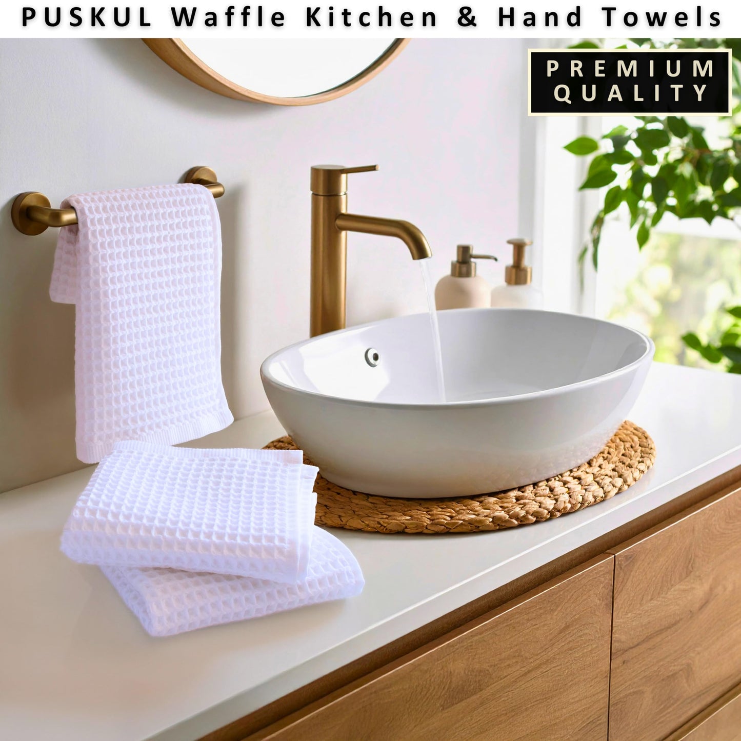 PÜSKÜL Organic Waffle Kitchen Towel Pure 100% Turkish Cotton Set of 3 Natural Raw-Undyed Towel - Premium Quality Soft Quick-Dry Absorbent Lint-Free Hand & Dish Towels Large 32X16 (3, Natural Beige)