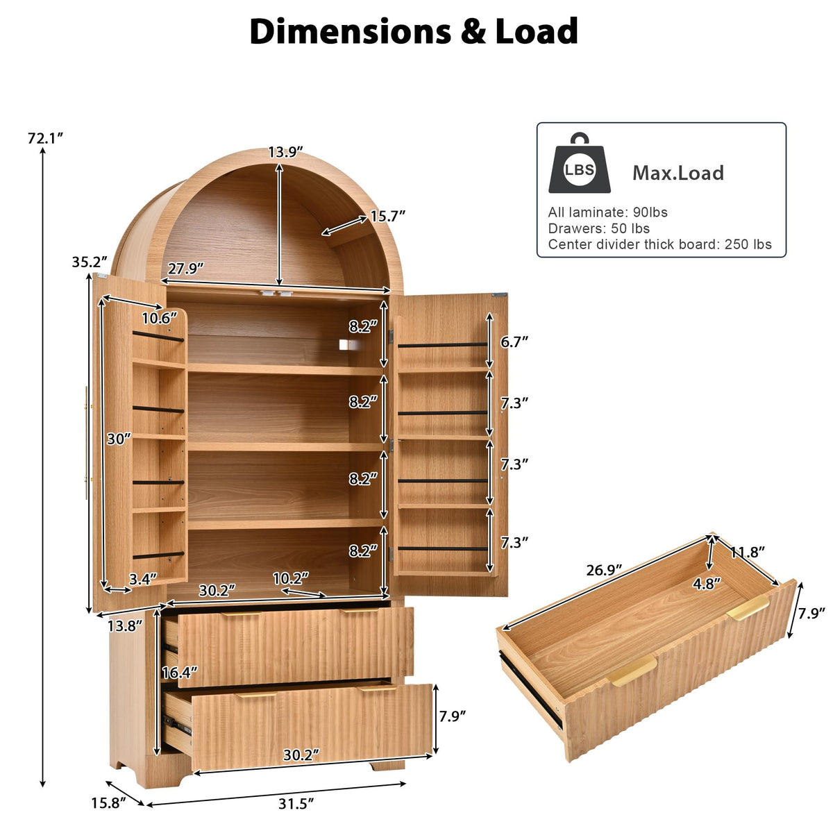 72" Tall Arched Kitchen Pantry Cabinet with 2 Drawers