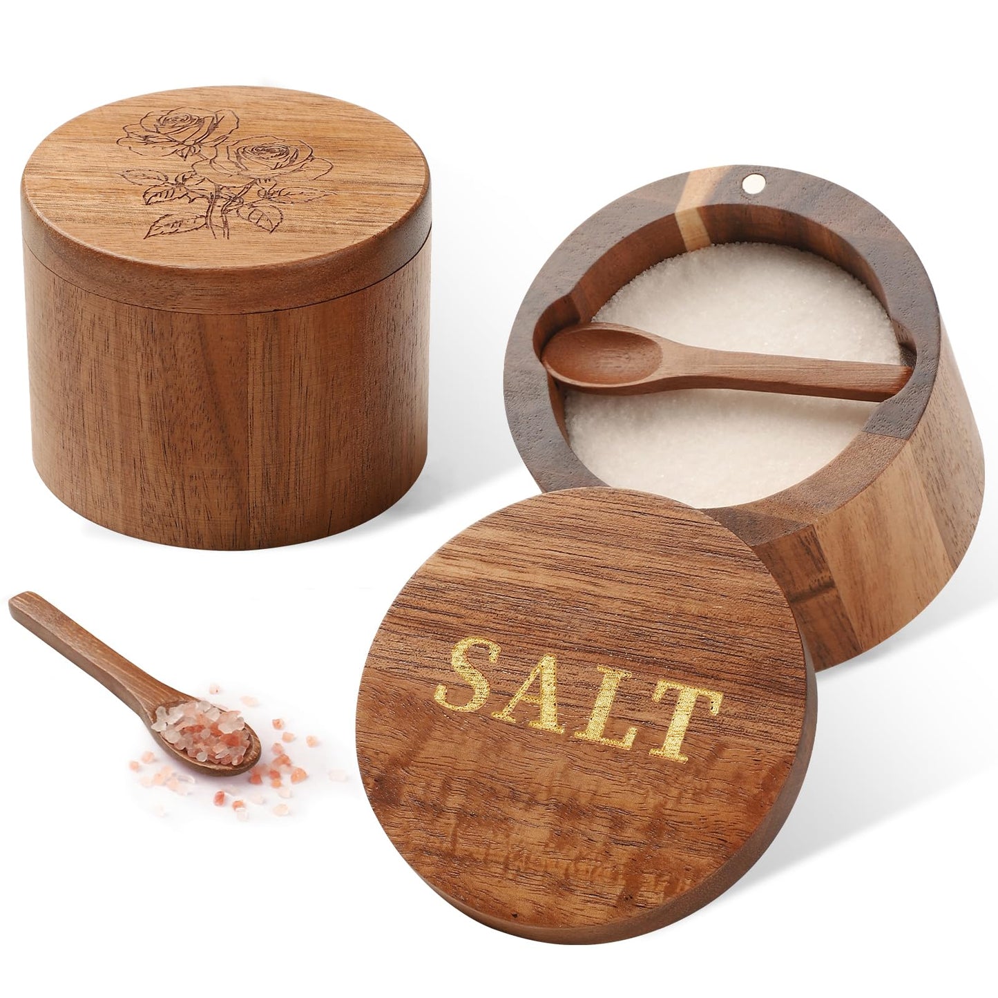 Timtopno Salt Cellar, Acacia Wood Salt Container with Built-in Spoon & Swivel Lid, Engraved SALT Box, Salt Holder Bowl for Countertop Seasoning Storage