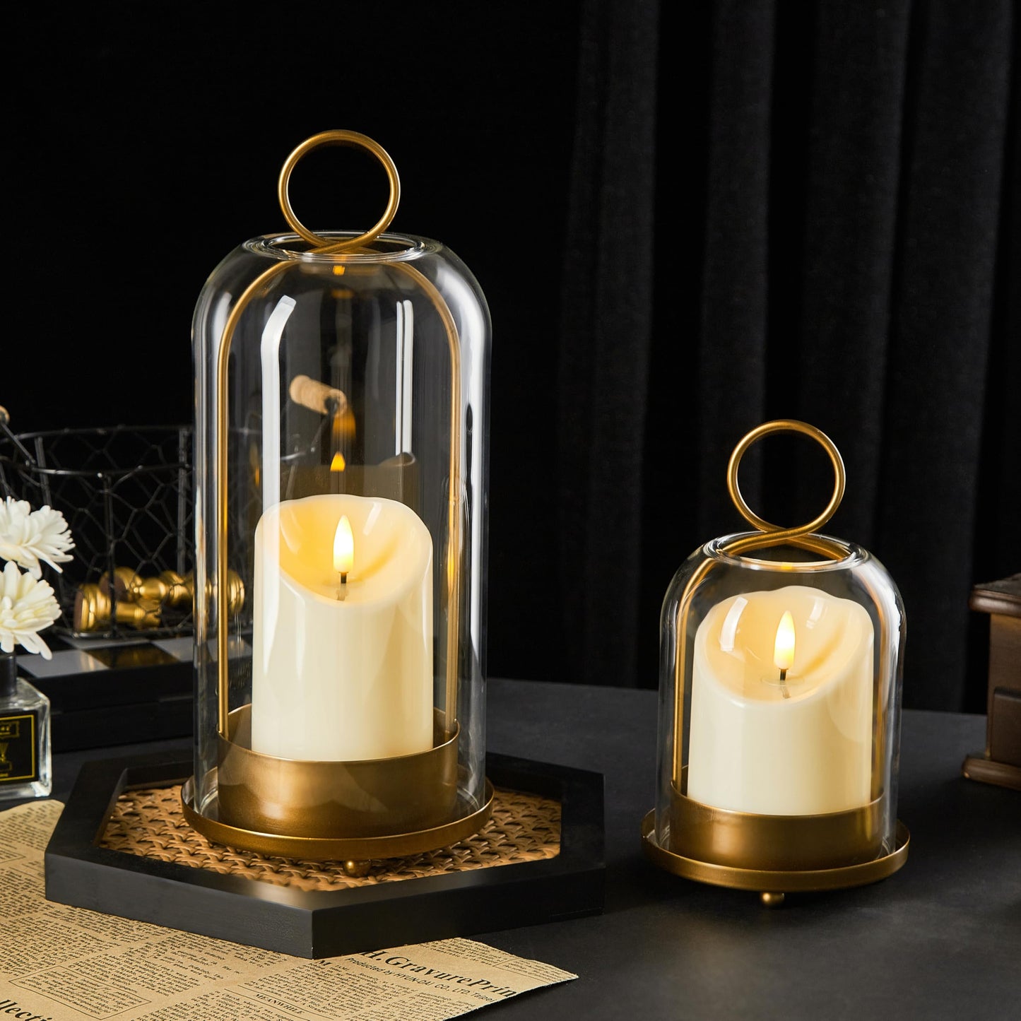 Brass Hurricane Candle Holder with Handmade Glass Dome, Set of 2