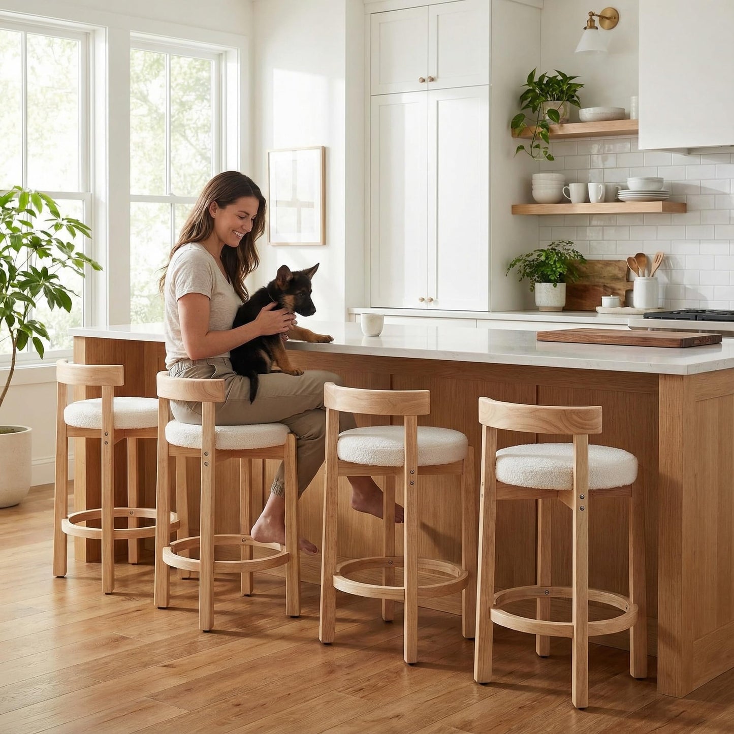 LukeAlon Mid Century Linen Counter Stools Set of 3, Upholstered 26.5" Seat Height Low Barstools with Natural Wood Legs Round Low Back Kitchen Stools with Footrest for Dining Room, Beige
