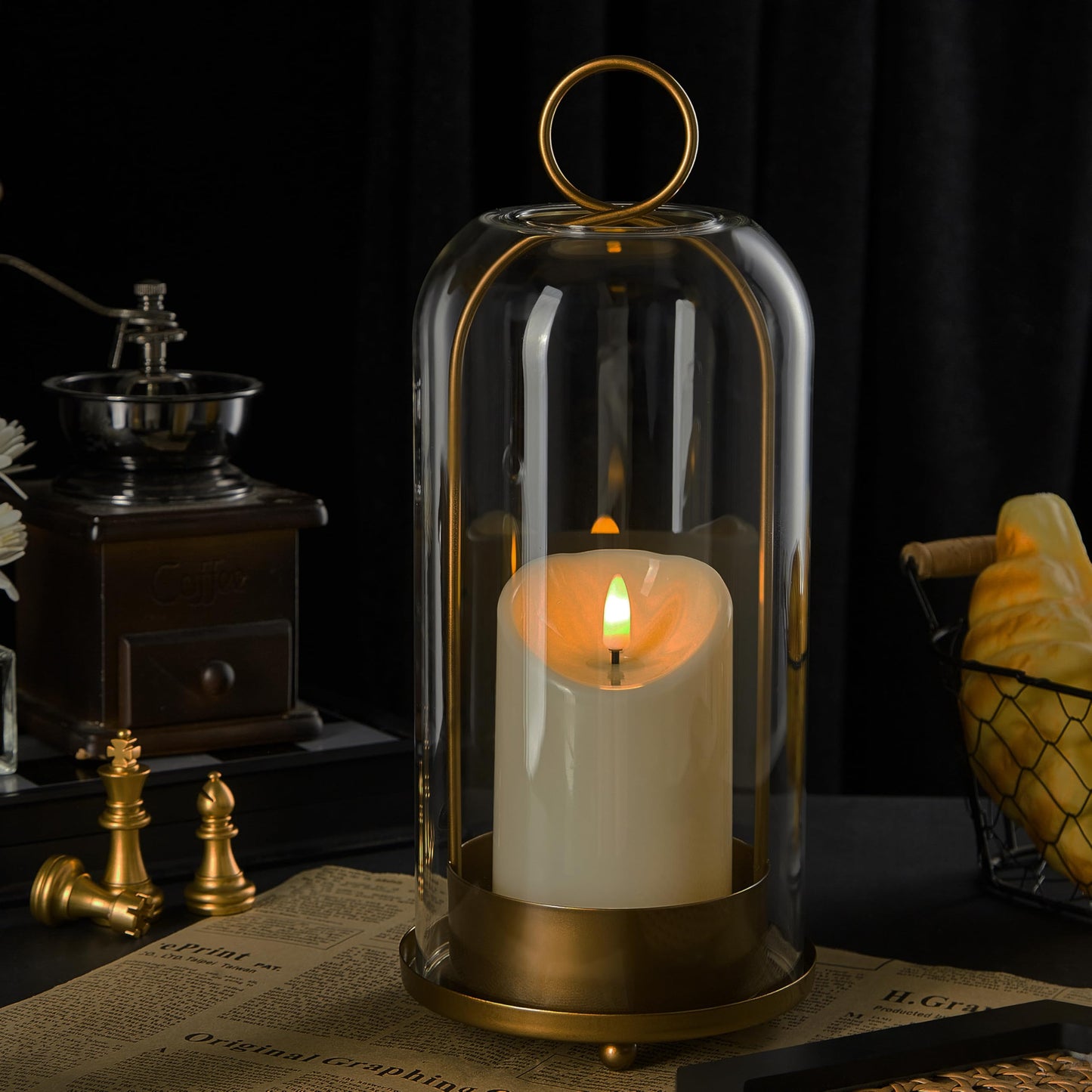 Brass Hurricane Candle Holder with Handmade Glass Dome, Set of 2