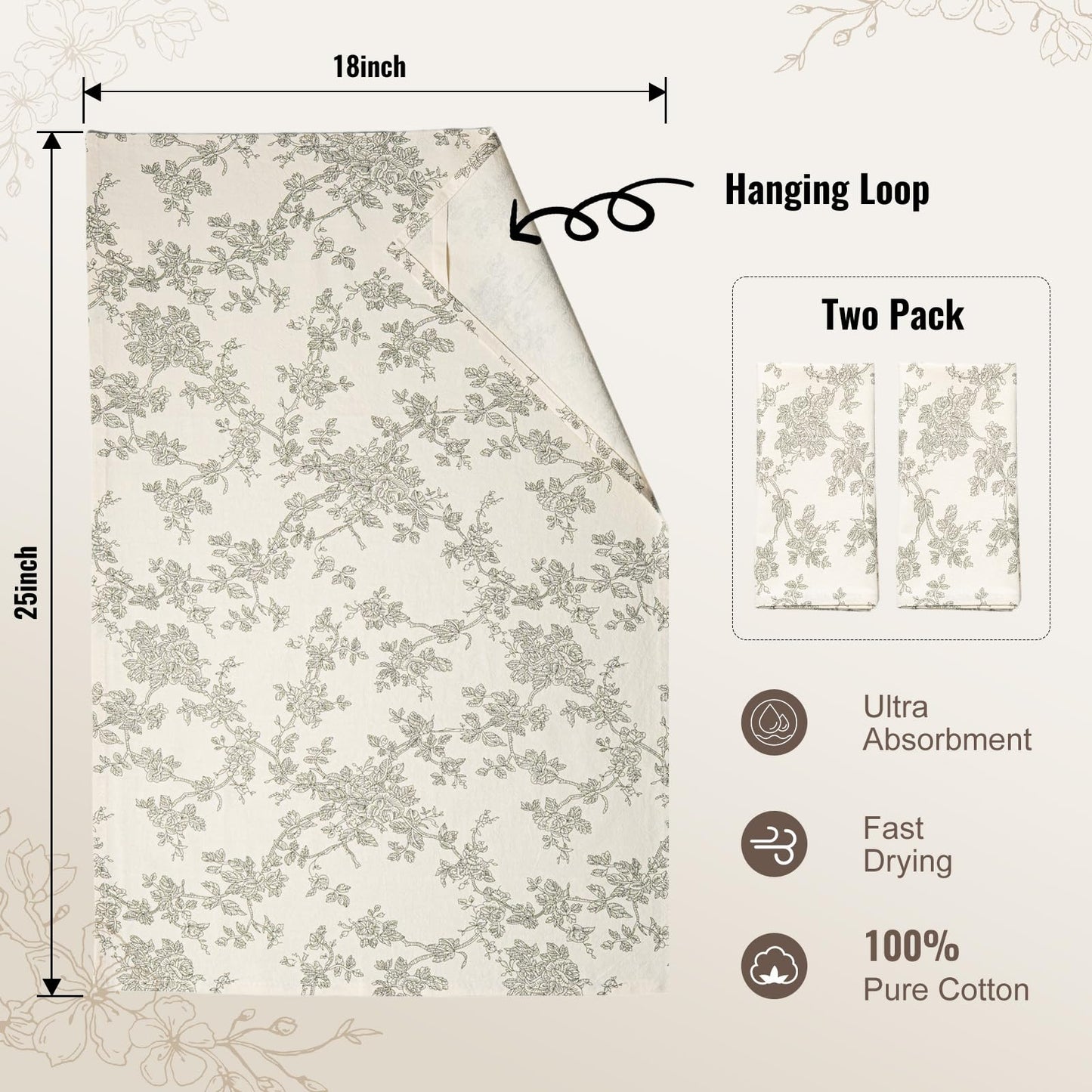 100% Cotton French Pastoral Kitchen Towels Set of 2, Decorative Flour Sack Tea Towels with Hanging Loop 18x25 Inch Absorbent Dish Cloths Farmhouse Home Decor, Brown